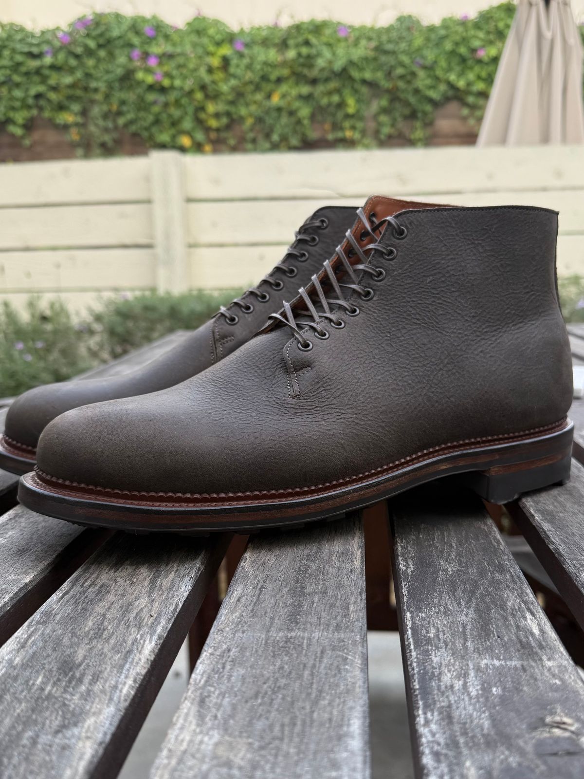 Photo by Drover_Shy on February 6, 2026 of the Viberg Wholecut Derby Boot in C.F. Stead Stone Waxed Kudu.