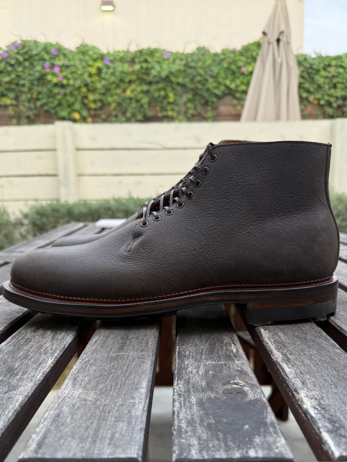 Photo by Drover_Shy on February 6, 2026 of the Viberg Wholecut Derby Boot in C.F. Stead Stone Waxed Kudu.