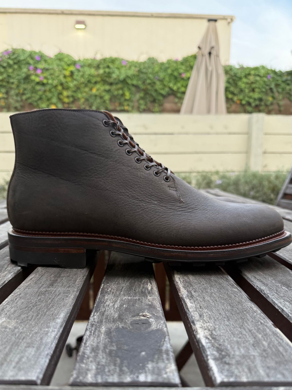 Photo by Drover_Shy on February 6, 2026 of the Viberg Wholecut Derby Boot in C.F. Stead Stone Waxed Kudu.