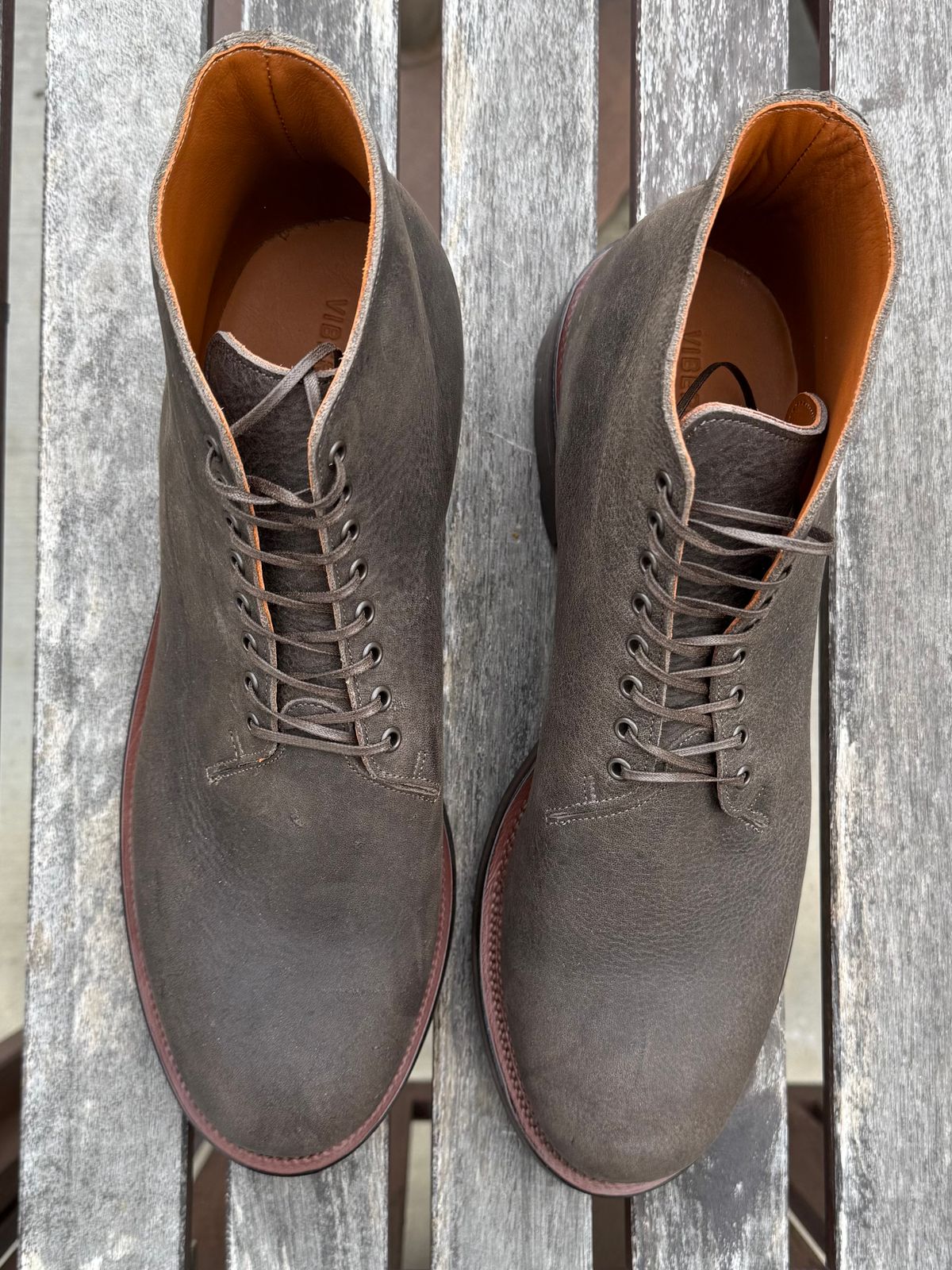 Photo by Drover_Shy on February 6, 2026 of the Viberg Wholecut Derby Boot in C.F. Stead Stone Waxed Kudu.