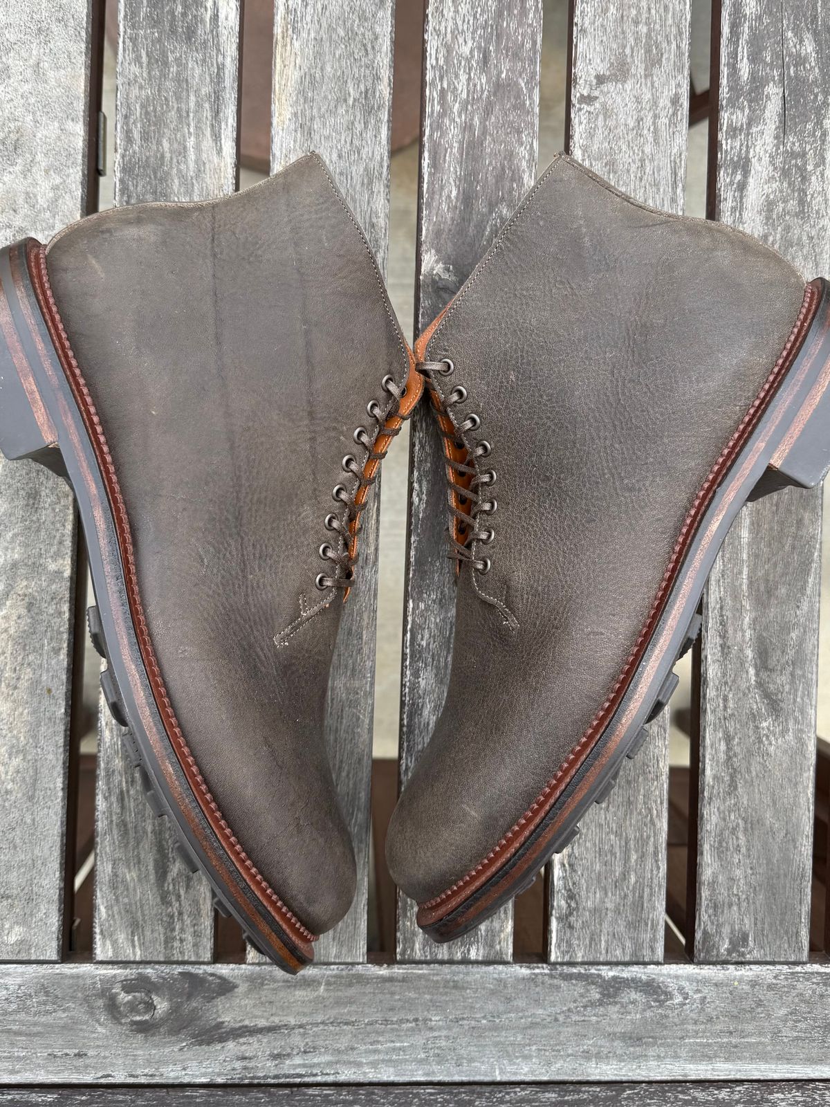 Photo by Drover_Shy on February 6, 2026 of the Viberg Wholecut Derby Boot in C.F. Stead Stone Waxed Kudu.