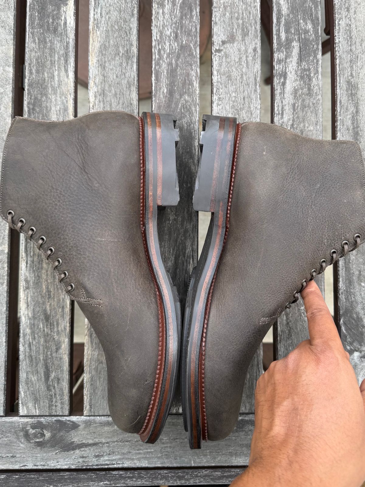 Photo by Drover_Shy on February 6, 2026 of the Viberg Wholecut Derby Boot in C.F. Stead Stone Waxed Kudu.