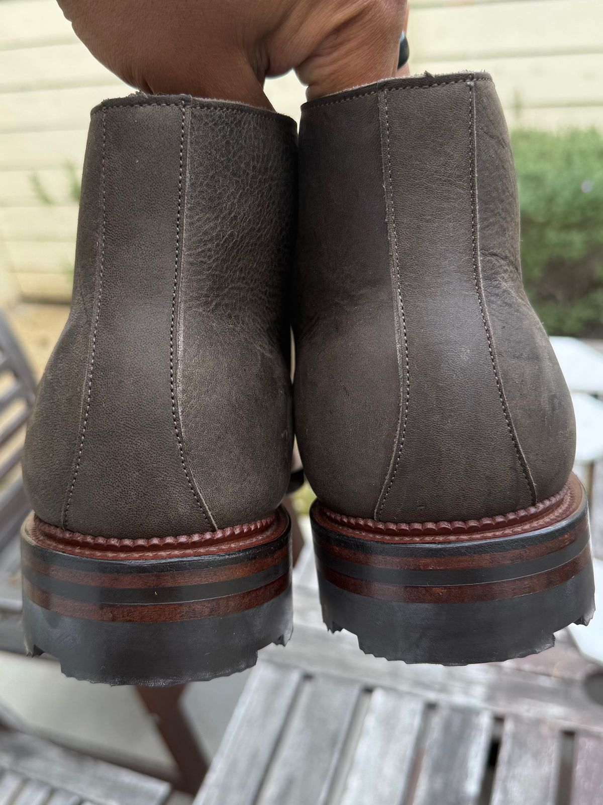 Photo by Drover_Shy on February 6, 2026 of the Viberg Wholecut Derby Boot in C.F. Stead Stone Waxed Kudu.