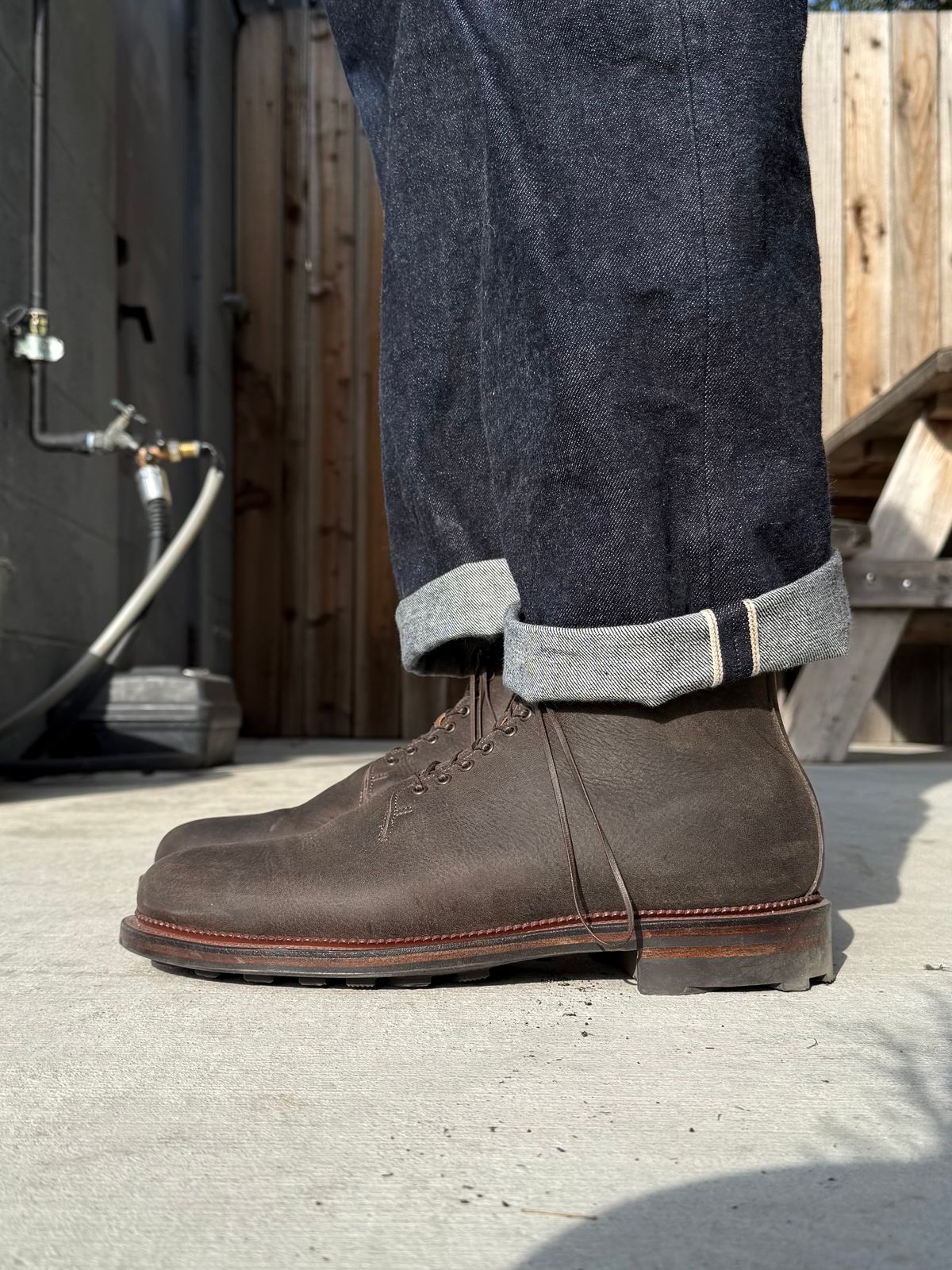 Photo by Drover_Shy on February 6, 2026 of the Viberg Wholecut Derby Boot in C.F. Stead Stone Waxed Kudu.