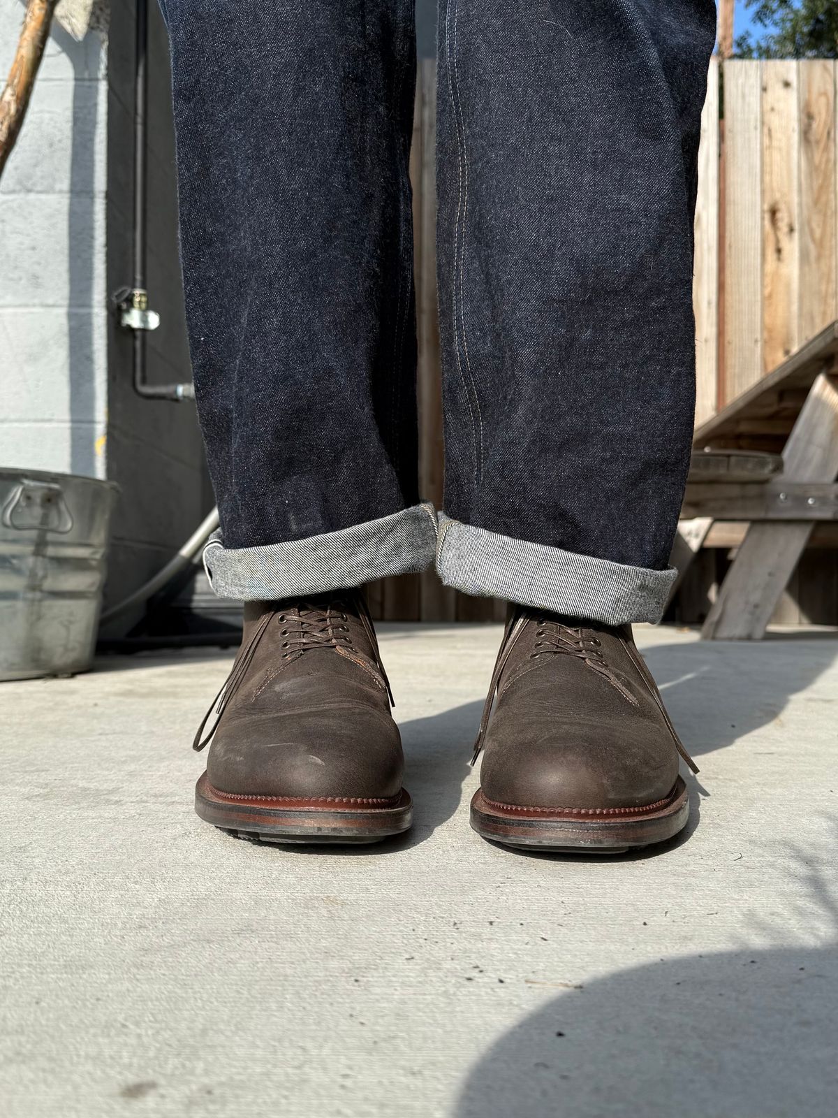 Photo by Drover_Shy on February 6, 2026 of the Viberg Wholecut Derby Boot in C.F. Stead Stone Waxed Kudu.