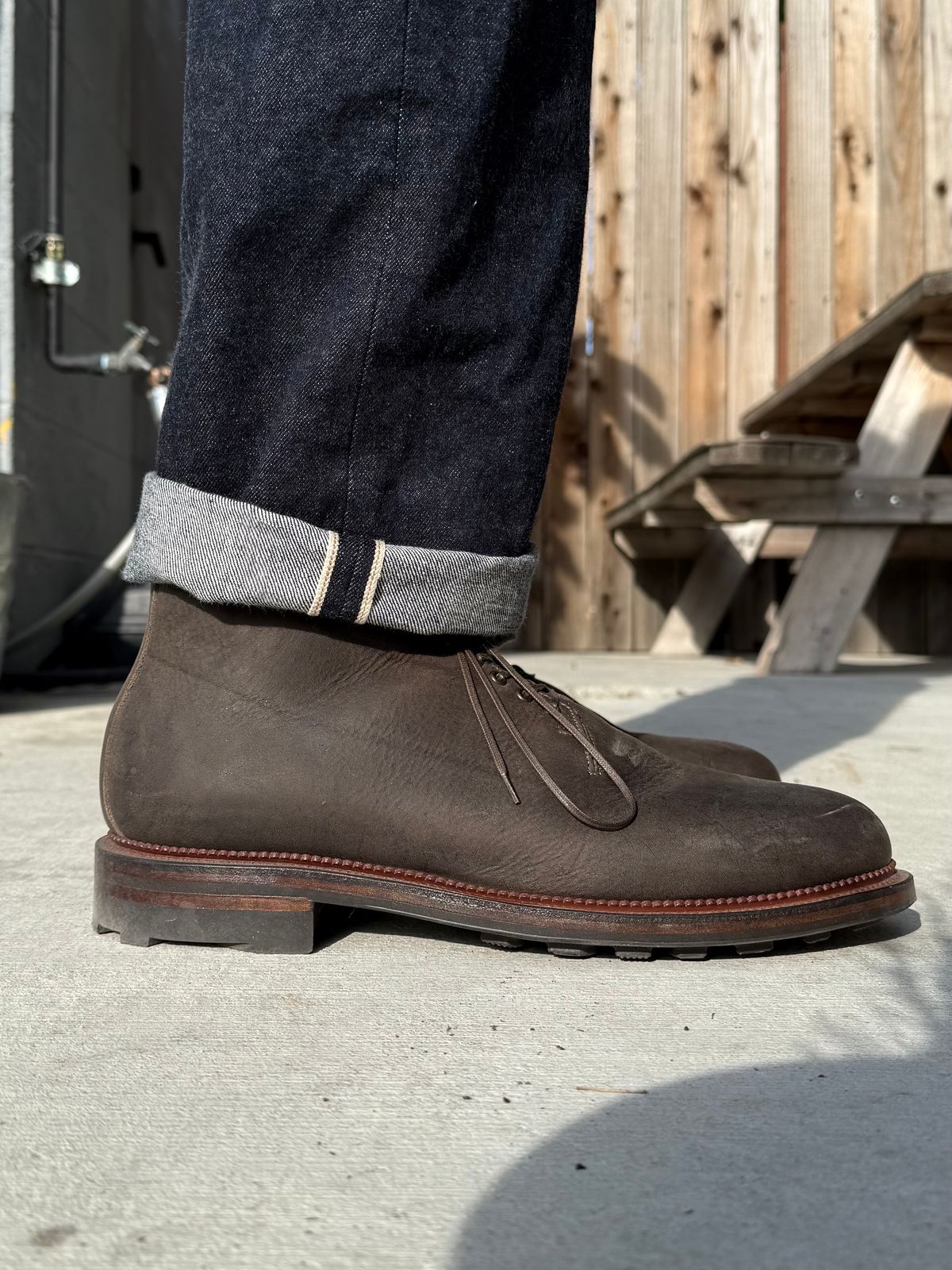 Photo by Drover_Shy on February 6, 2026 of the Viberg Wholecut Derby Boot in C.F. Stead Stone Waxed Kudu.