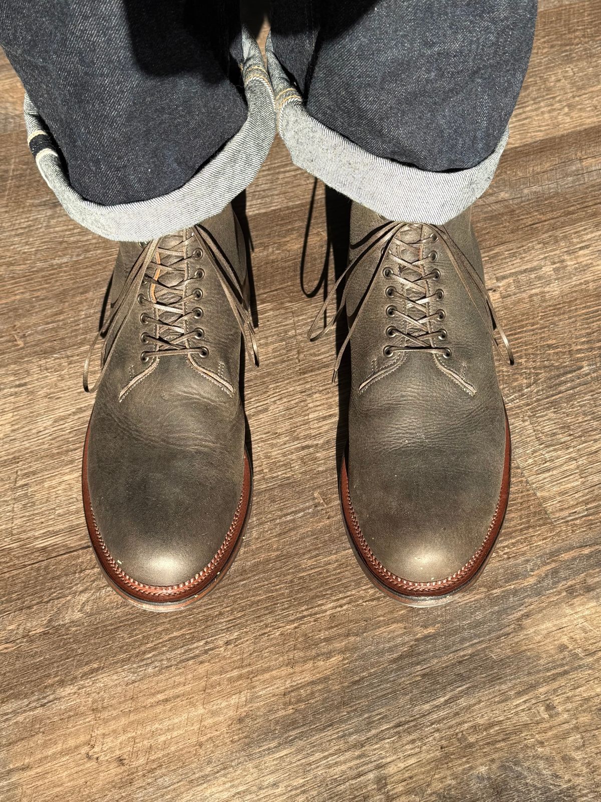 Photo by Drover_Shy on February 6, 2026 of the Viberg Wholecut Derby Boot in C.F. Stead Stone Waxed Kudu.