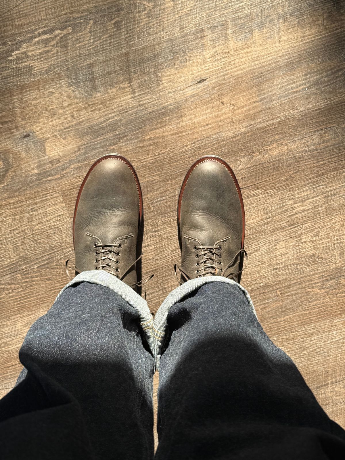 Photo by Drover_Shy on February 6, 2026 of the Viberg Wholecut Derby Boot in C.F. Stead Stone Waxed Kudu.