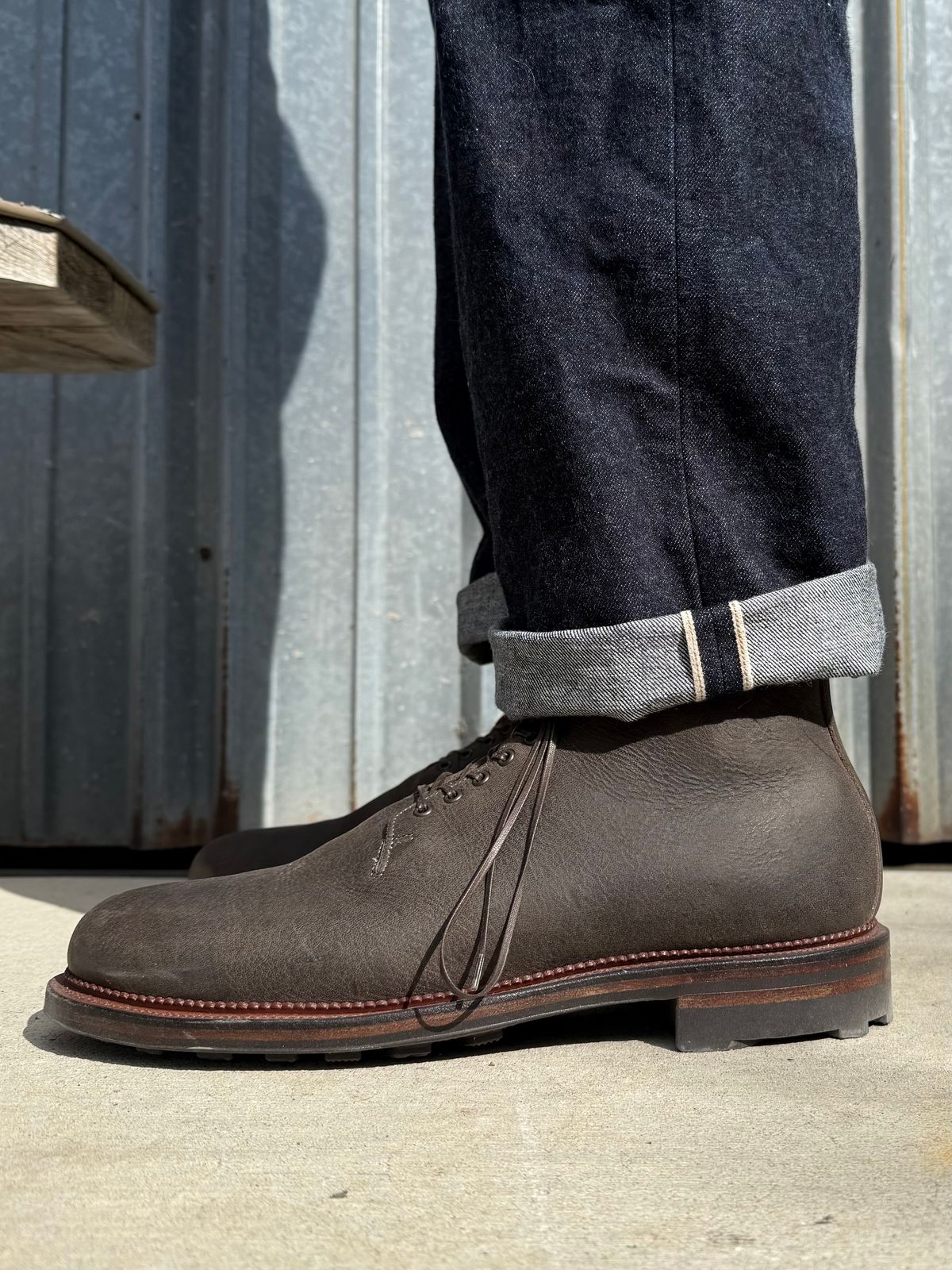 Photo by Drover_Shy on February 6, 2026 of the Viberg Wholecut Derby Boot in C.F. Stead Stone Waxed Kudu.