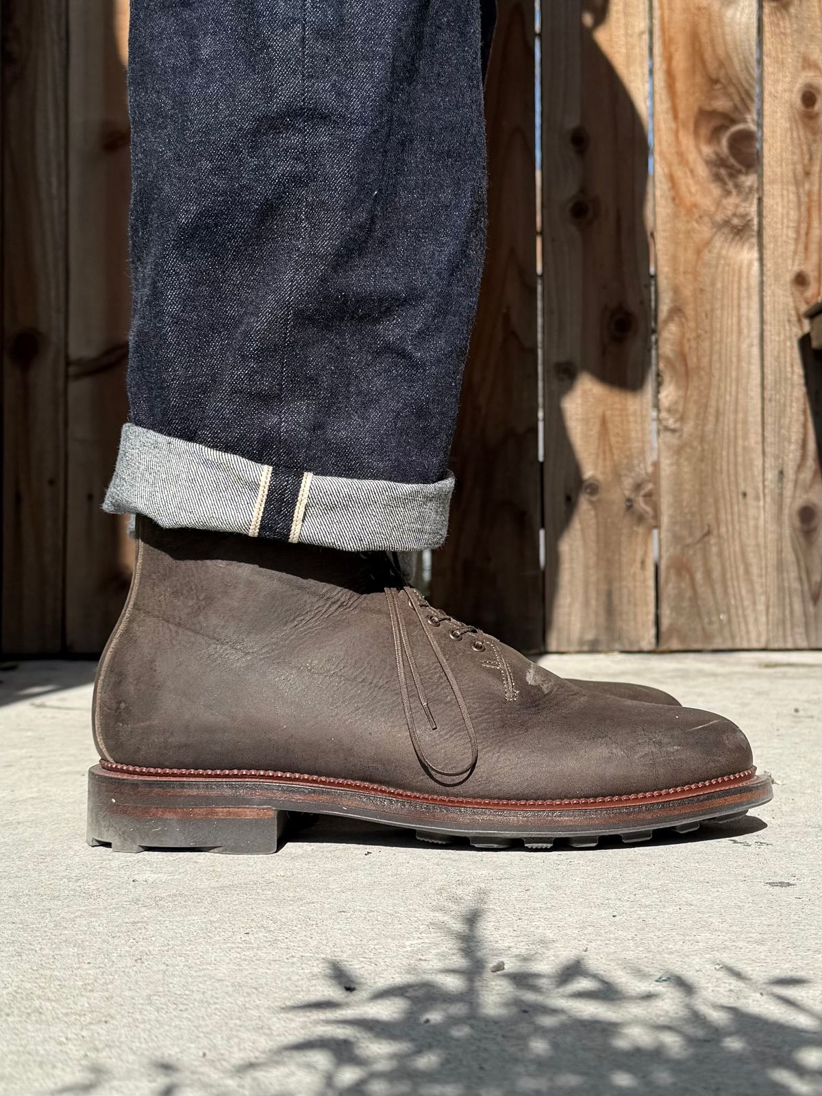 Photo by Drover_Shy on February 6, 2026 of the Viberg Wholecut Derby Boot in C.F. Stead Stone Waxed Kudu.