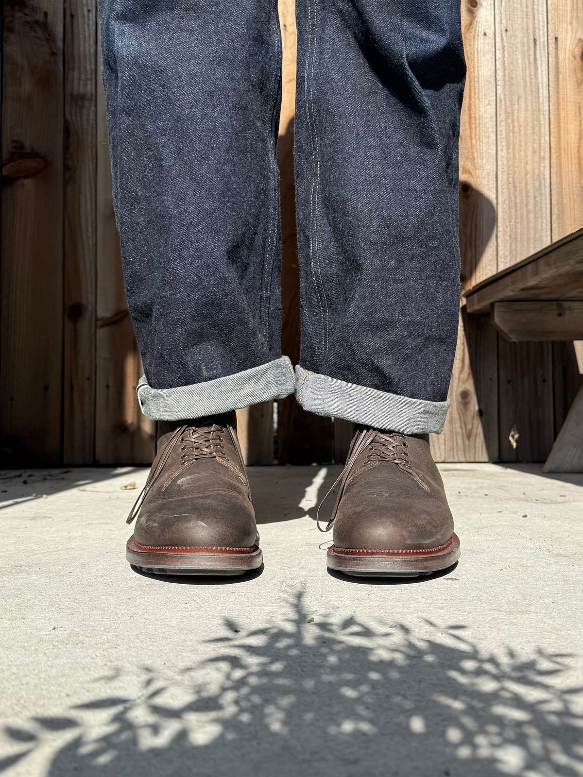 Photo by Drover_Shy on February 6, 2026 of the Viberg Wholecut Derby Boot in C.F. Stead Stone Waxed Kudu.