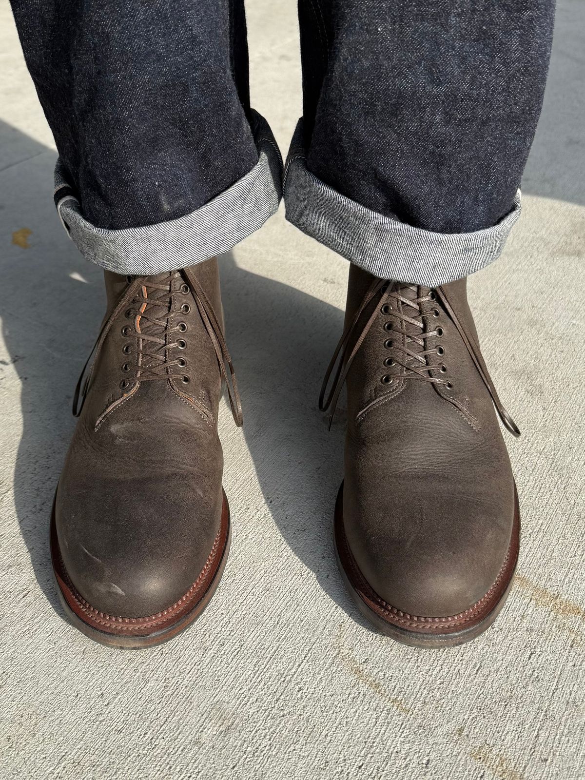 Photo by Drover_Shy on February 6, 2026 of the Viberg Wholecut Derby Boot in C.F. Stead Stone Waxed Kudu.