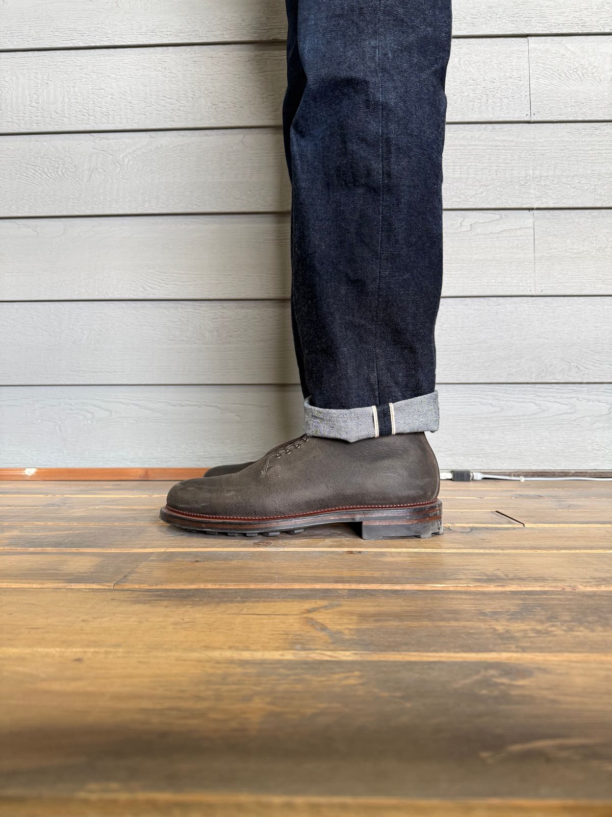 Photo by Drover_Shy on February 6, 2026 of the Viberg Wholecut Derby Boot in C.F. Stead Stone Waxed Kudu.