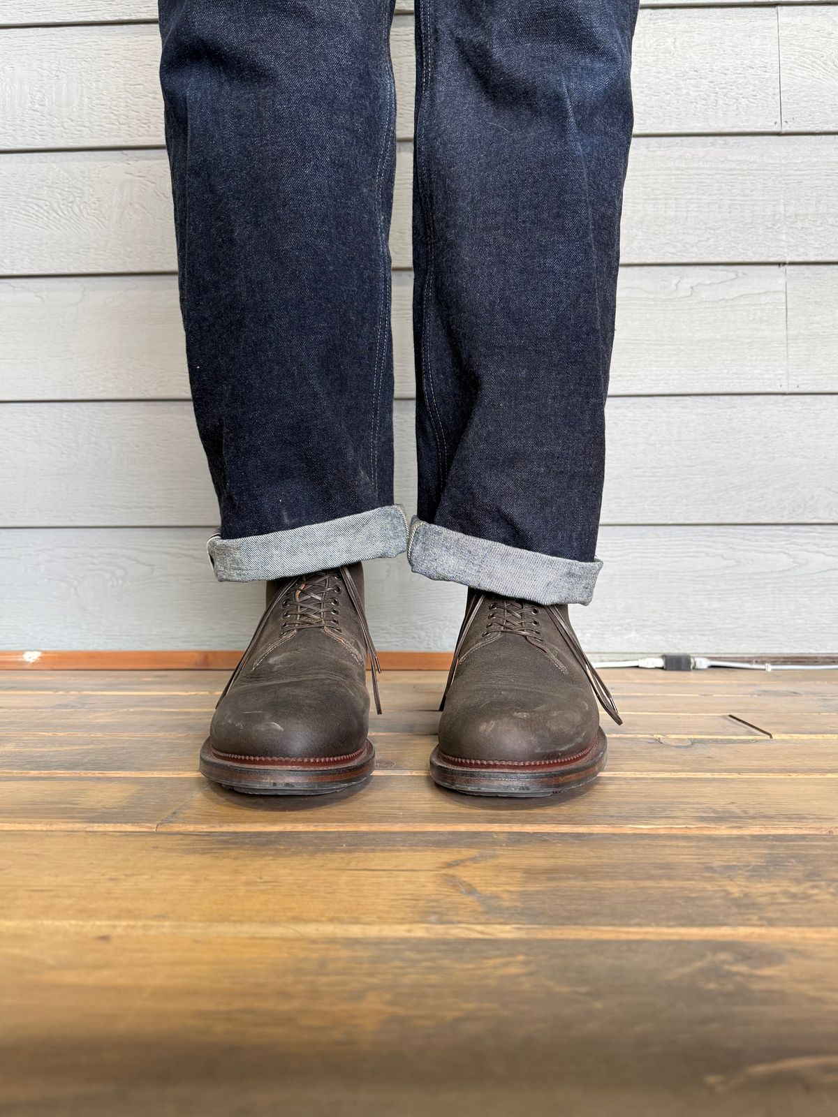 Photo by Drover_Shy on February 6, 2026 of the Viberg Wholecut Derby Boot in C.F. Stead Stone Waxed Kudu.