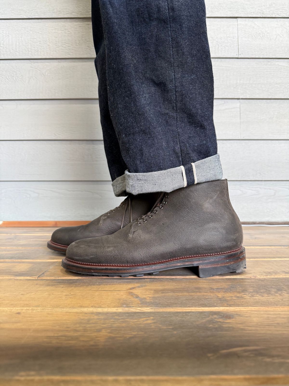 Photo by Drover_Shy on February 6, 2026 of the Viberg Wholecut Derby Boot in C.F. Stead Stone Waxed Kudu.