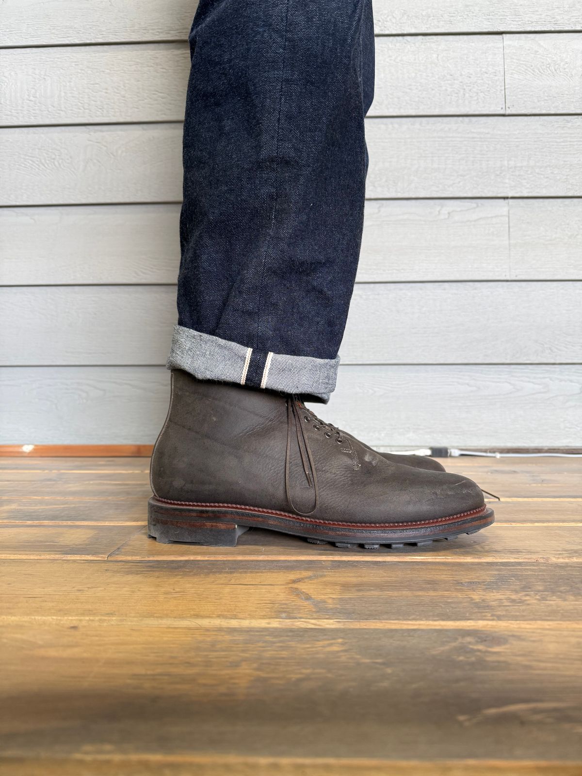 Photo by Drover_Shy on February 6, 2026 of the Viberg Wholecut Derby Boot in C.F. Stead Stone Waxed Kudu.