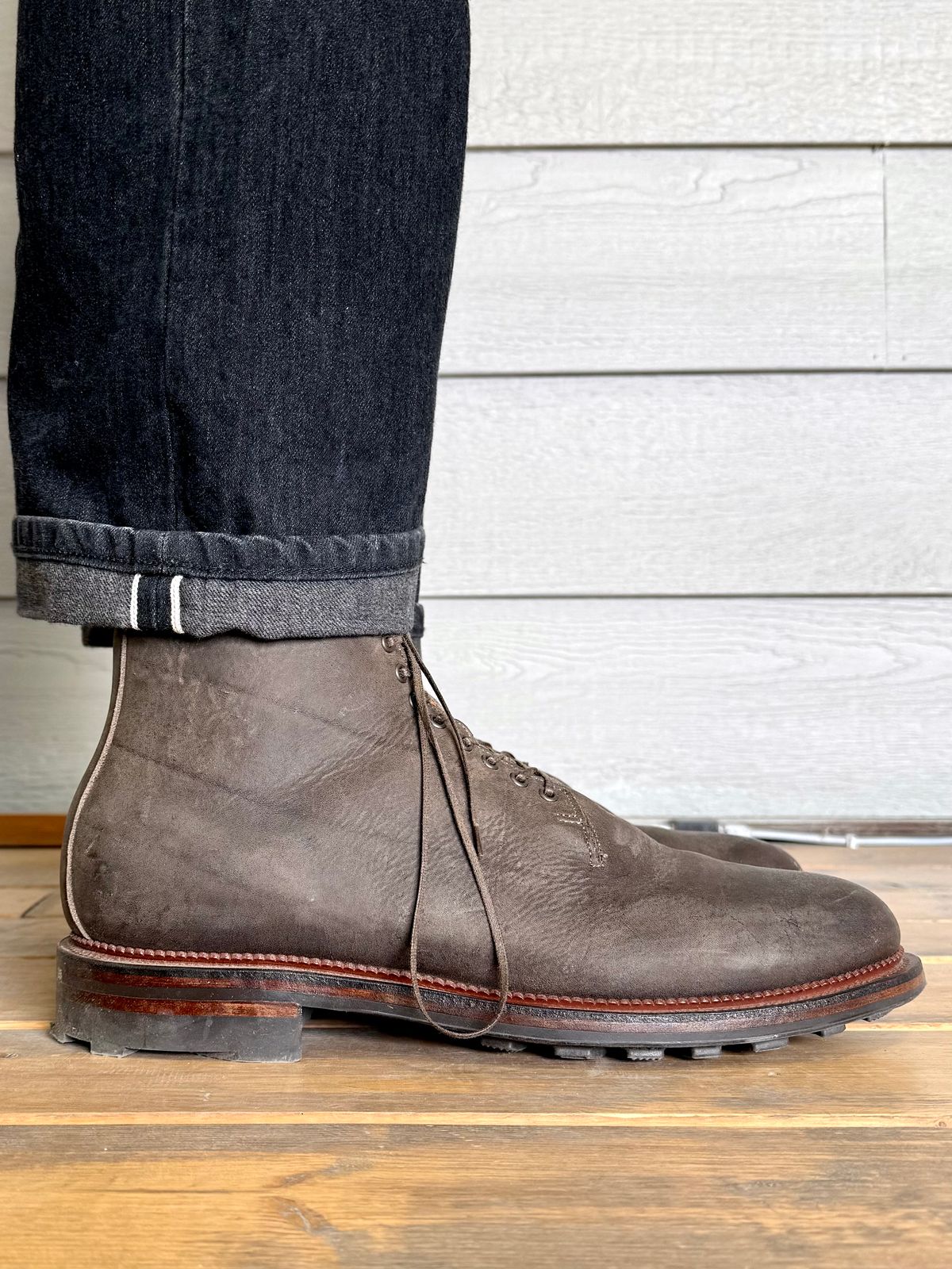 Photo by Drover_Shy on February 9, 2026 of the Viberg Wholecut Derby Boot in C.F. Stead Stone Waxed Kudu.