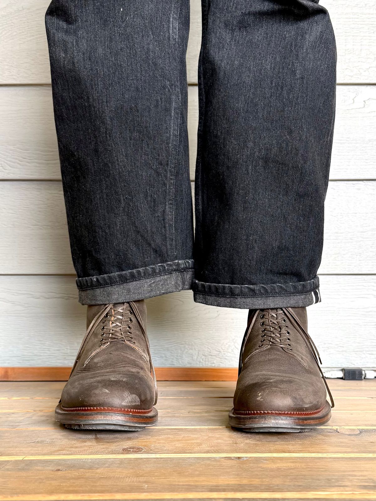 Photo by Drover_Shy on February 9, 2026 of the Viberg Wholecut Derby Boot in C.F. Stead Stone Waxed Kudu.