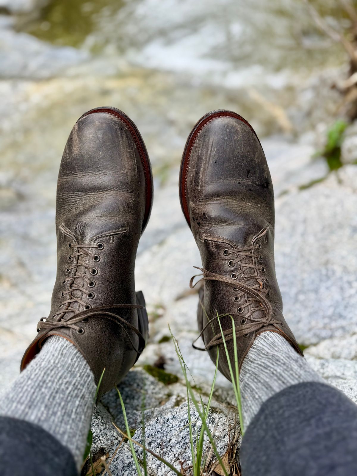 Photo by Drover_Shy on February 14, 2026 of the Viberg Wholecut Derby Boot in C.F. Stead Stone Waxed Kudu.