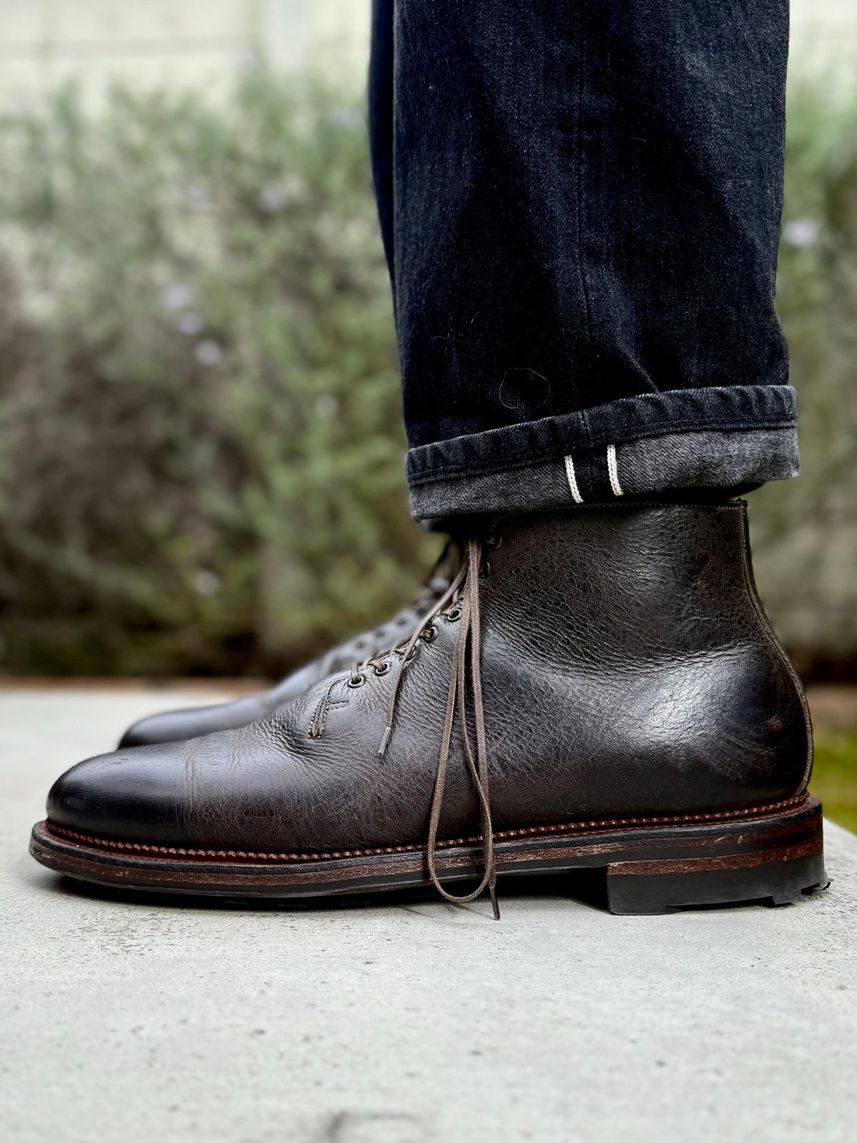 Photo by Drover_Shy on February 15, 2026 of the Viberg Wholecut Derby Boot in C.F. Stead Stone Waxed Kudu.