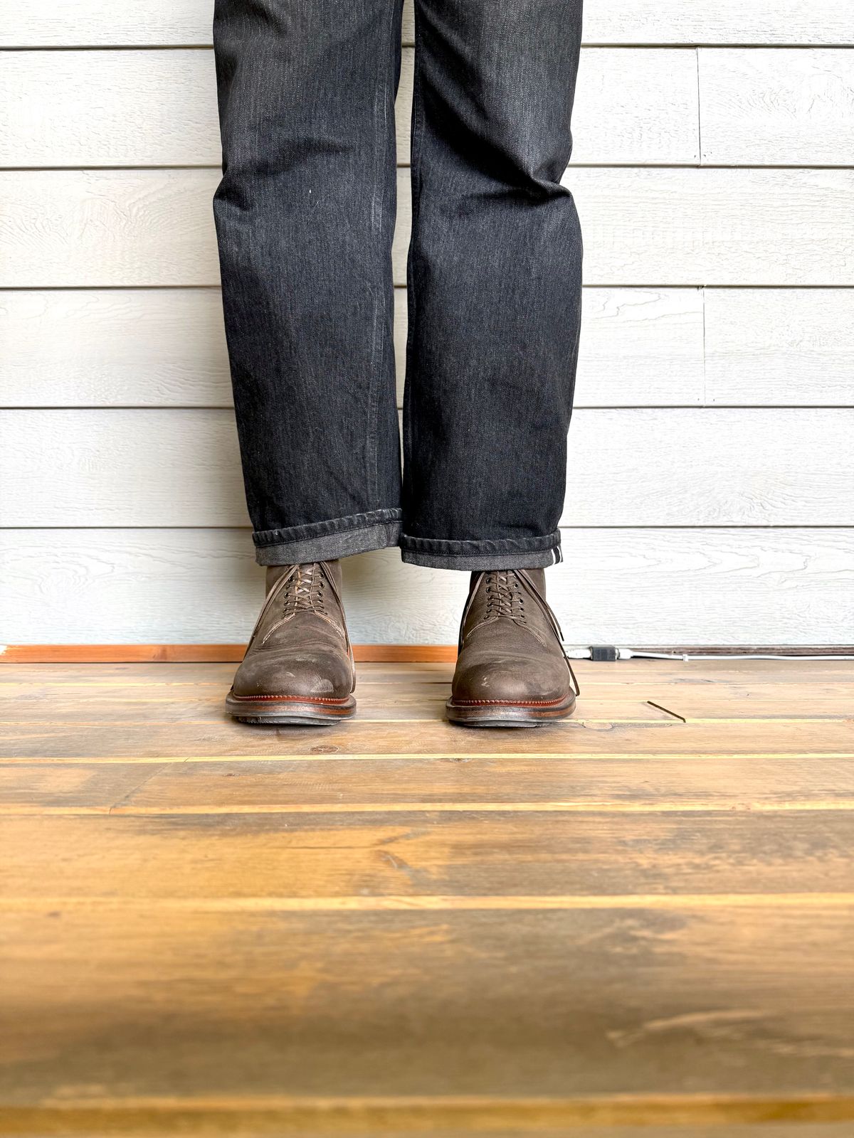Photo by Drover_Shy on February 9, 2026 of the Viberg Wholecut Derby Boot in C.F. Stead Stone Waxed Kudu.