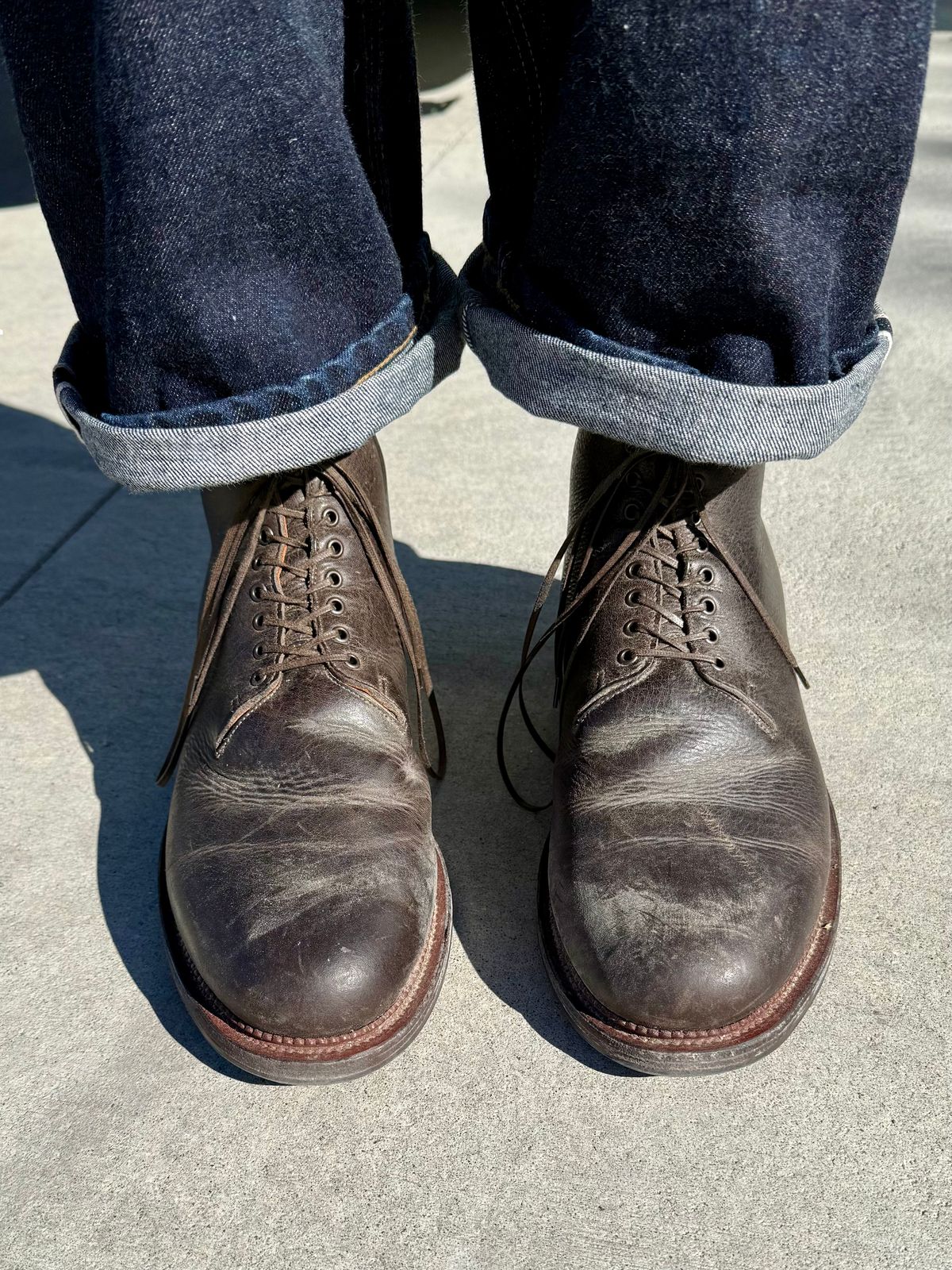 Photo by Drover_Shy on February 13, 2026 of the Viberg Wholecut Derby Boot in C.F. Stead Stone Waxed Kudu.