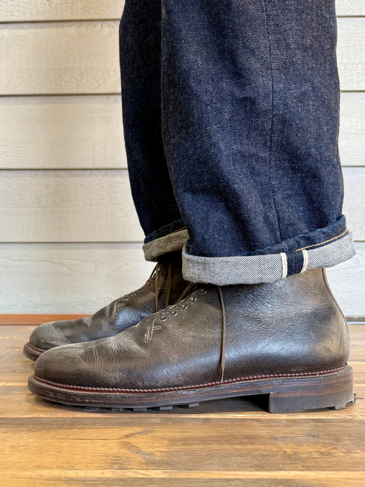 Photo by Drover_Shy on February 14, 2026 of the Viberg Wholecut Derby Boot in C.F. Stead Stone Waxed Kudu.