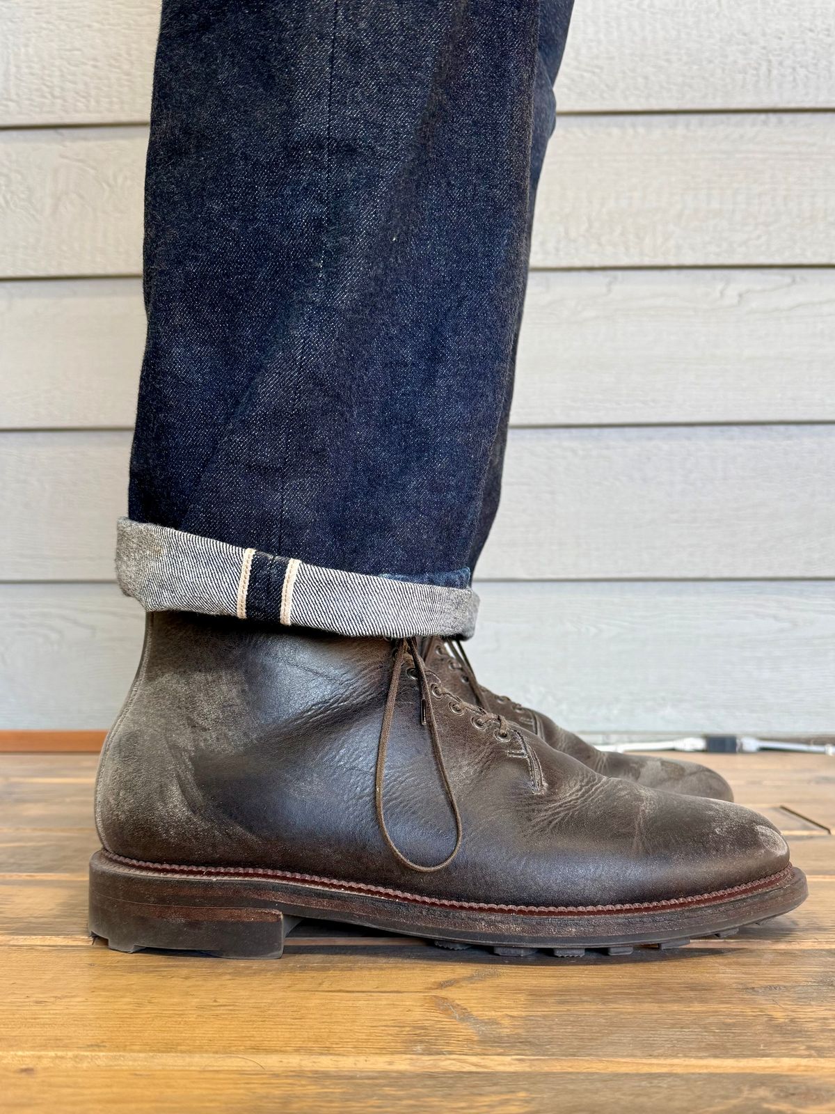 Photo by Drover_Shy on February 14, 2026 of the Viberg Wholecut Derby Boot in C.F. Stead Stone Waxed Kudu.