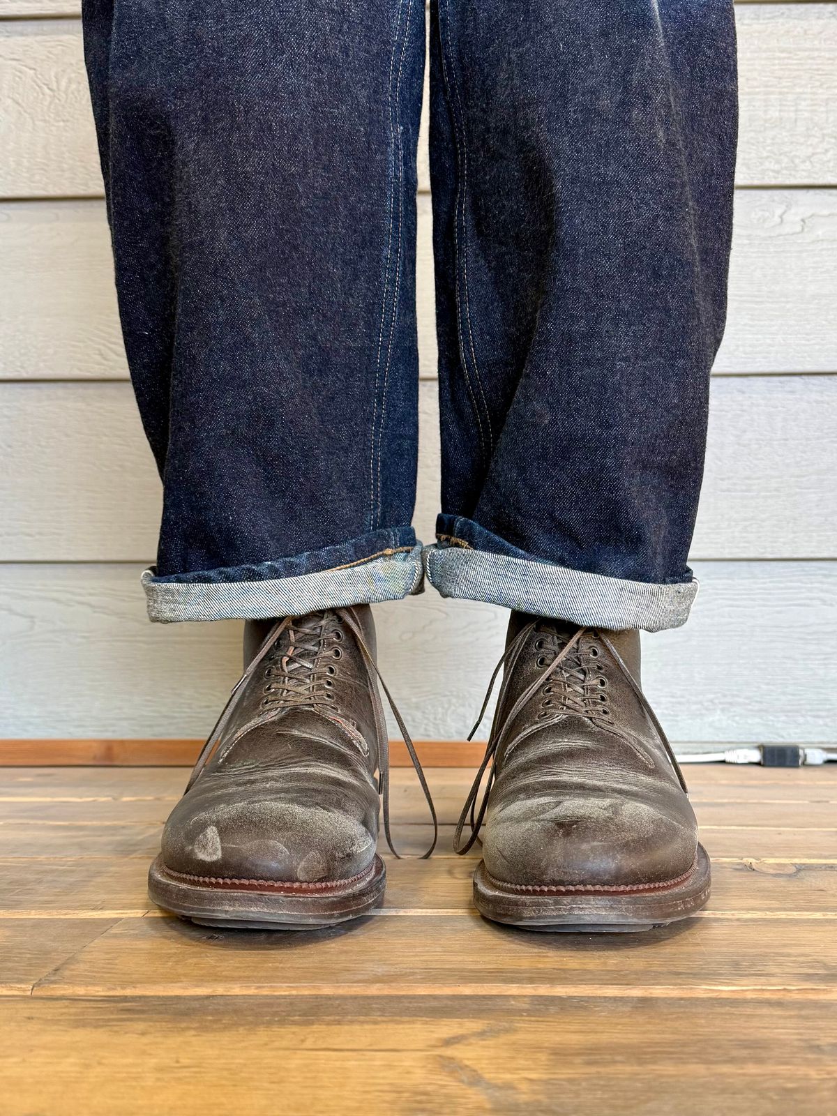 Photo by Drover_Shy on February 14, 2026 of the Viberg Wholecut Derby Boot in C.F. Stead Stone Waxed Kudu.