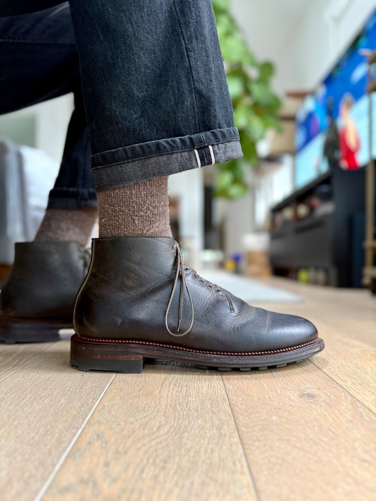 Photo by Drover_Shy on February 15, 2026 of the Viberg Wholecut Derby Boot in C.F. Stead Stone Waxed Kudu.