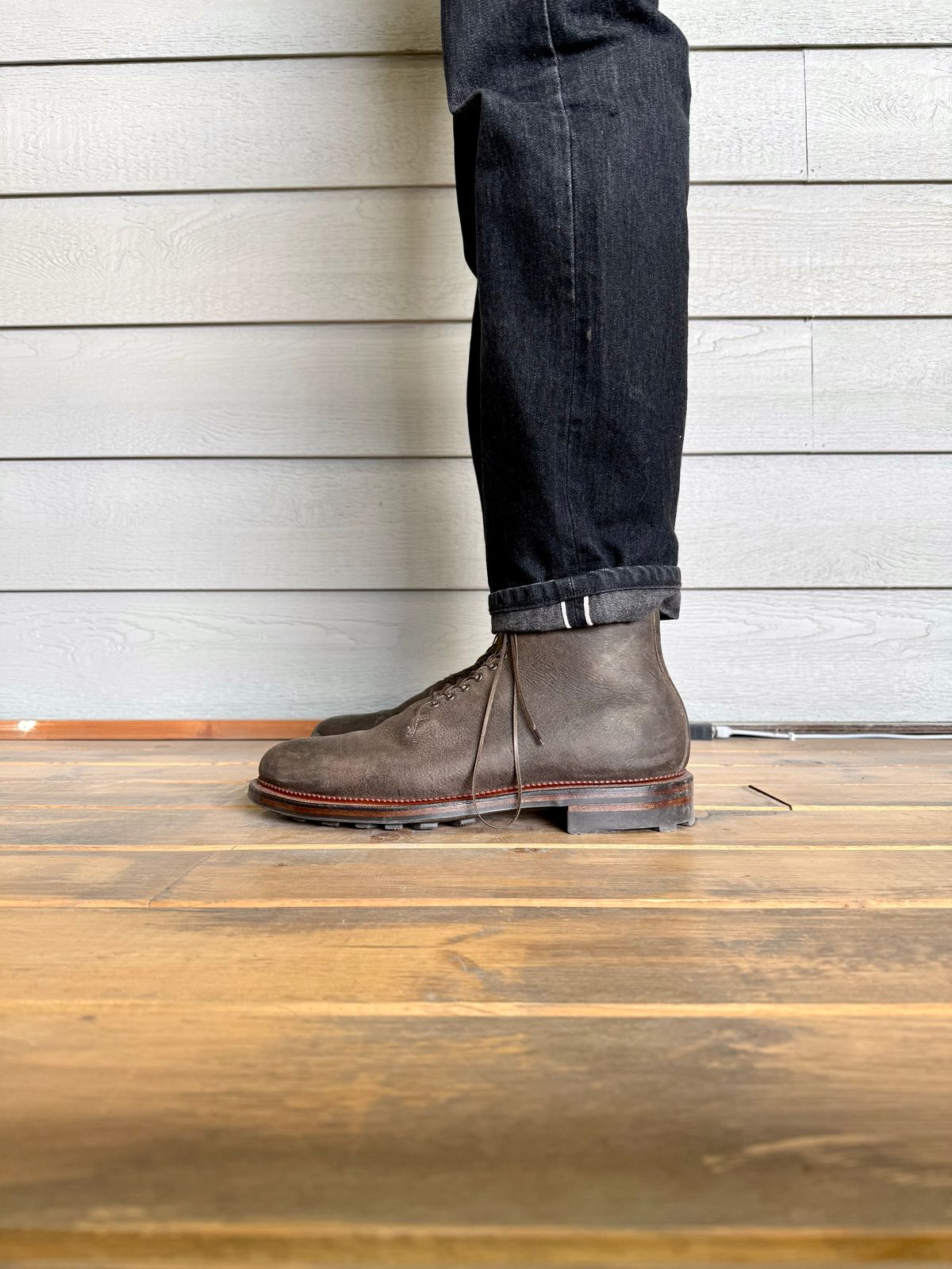 Photo by Drover_Shy on February 9, 2026 of the Viberg Wholecut Derby Boot in C.F. Stead Stone Waxed Kudu.