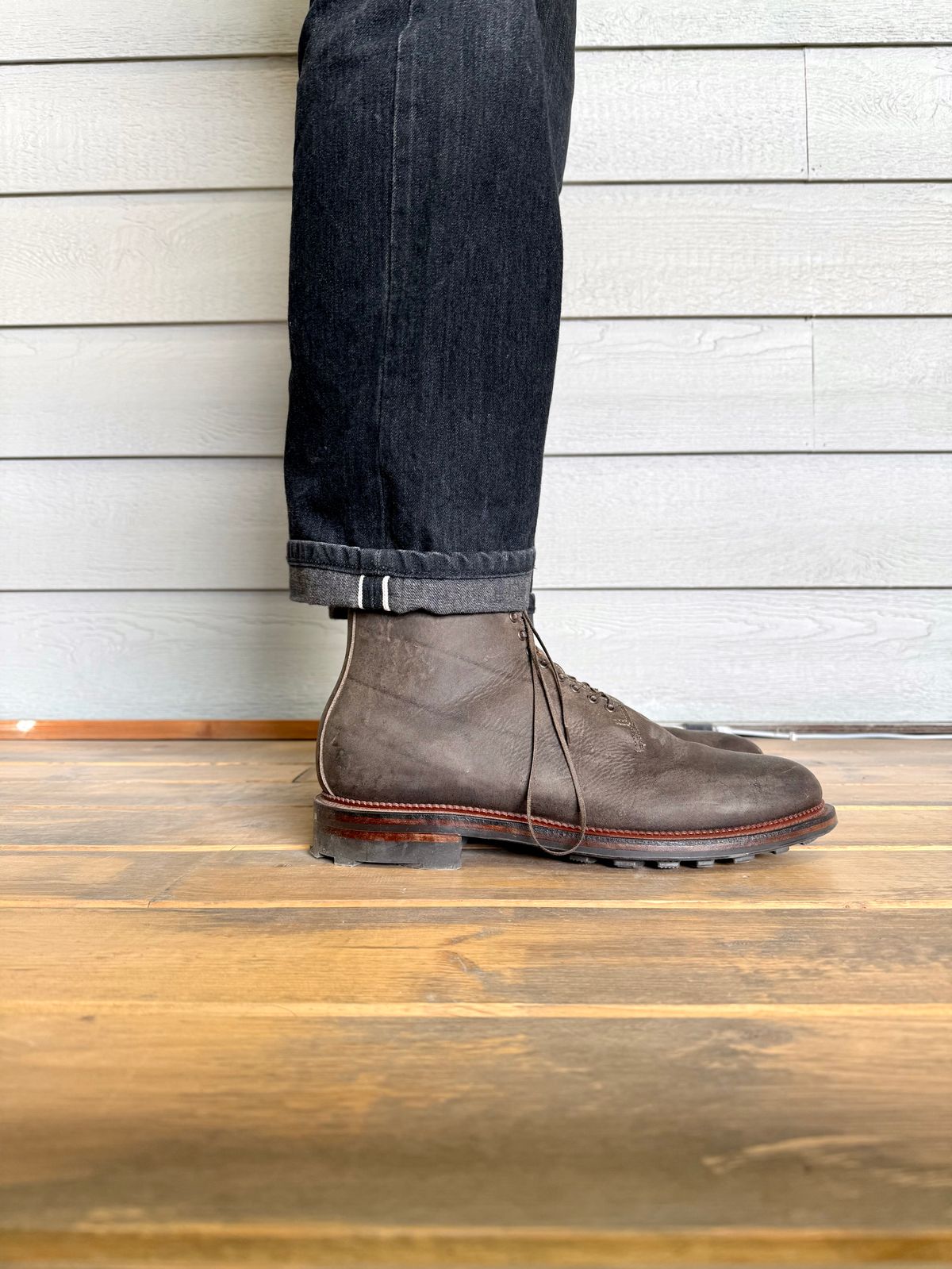 Photo by Drover_Shy on February 9, 2026 of the Viberg Wholecut Derby Boot in C.F. Stead Stone Waxed Kudu.