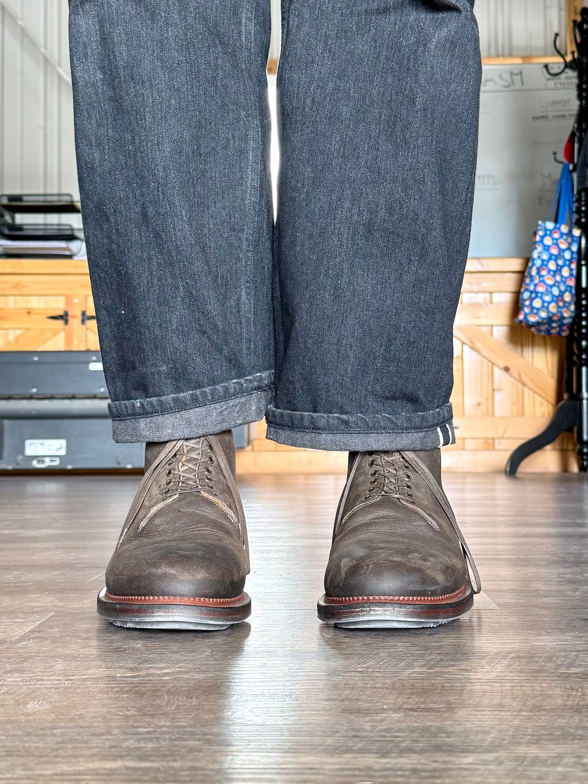 Photo by Drover_Shy on February 11, 2026 of the Viberg Wholecut Derby Boot in C.F. Stead Stone Waxed Kudu.