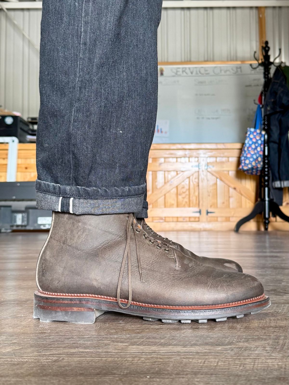 Photo by Drover_Shy on February 11, 2026 of the Viberg Wholecut Derby Boot in C.F. Stead Stone Waxed Kudu.