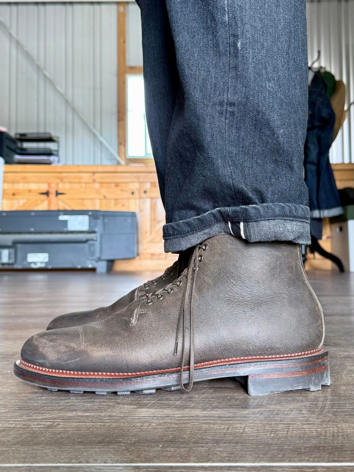 Photo by Drover_Shy on February 11, 2026 of the Viberg Wholecut Derby Boot in C.F. Stead Stone Waxed Kudu.