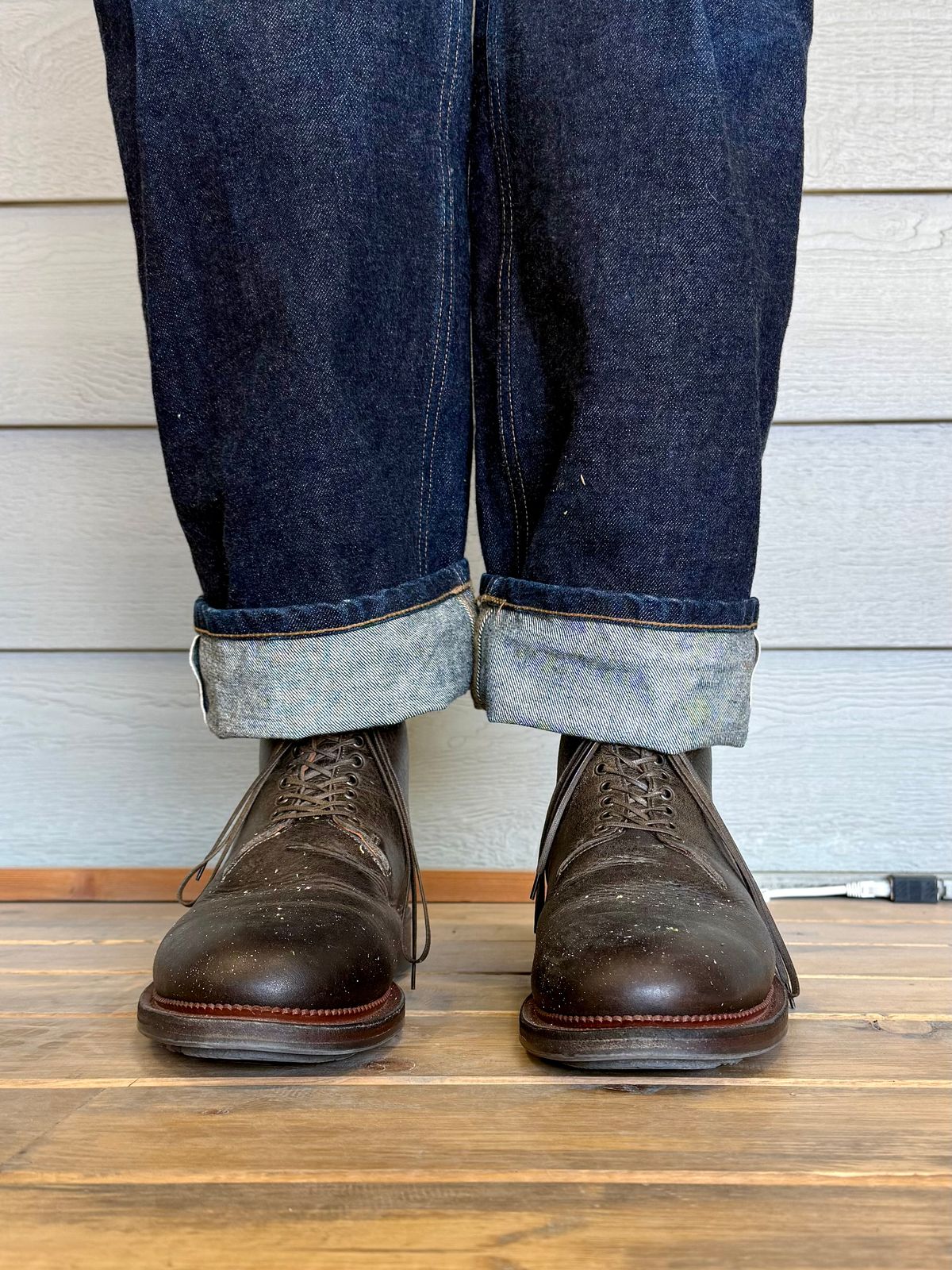 Photo by Drover_Shy on February 12, 2026 of the Viberg Wholecut Derby Boot in C.F. Stead Stone Waxed Kudu.