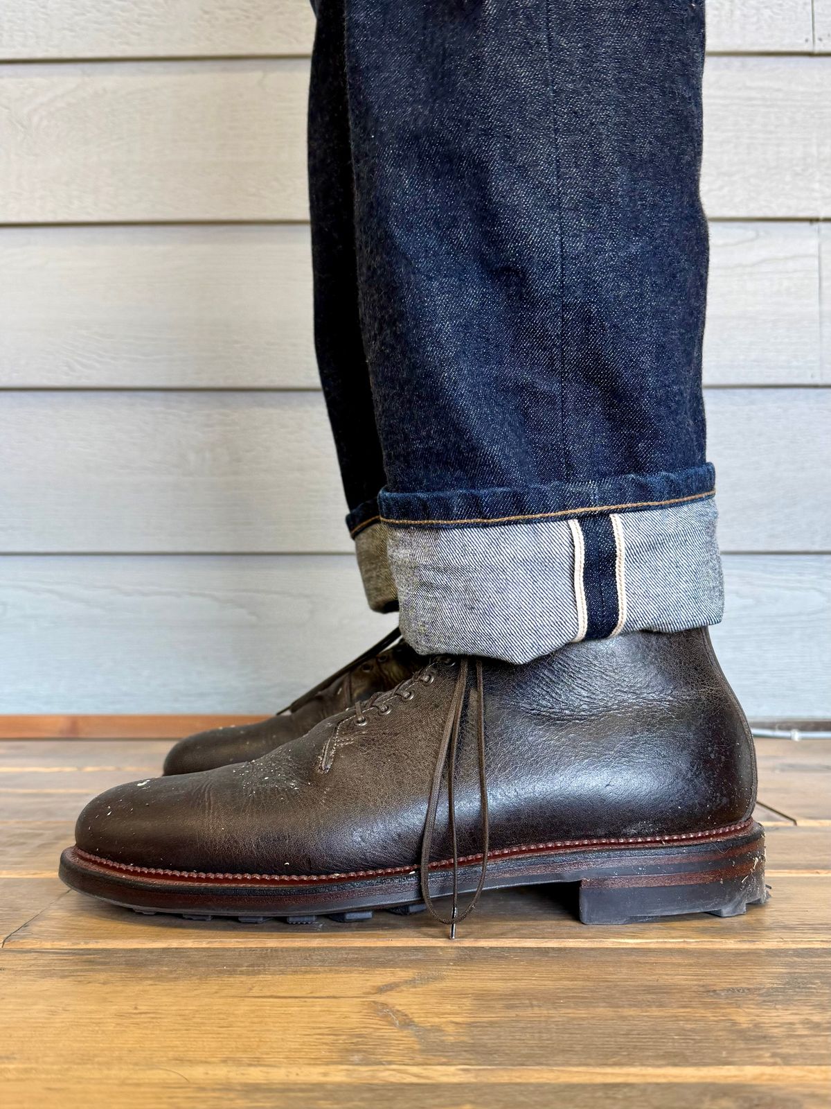 Photo by Drover_Shy on February 12, 2026 of the Viberg Wholecut Derby Boot in C.F. Stead Stone Waxed Kudu.