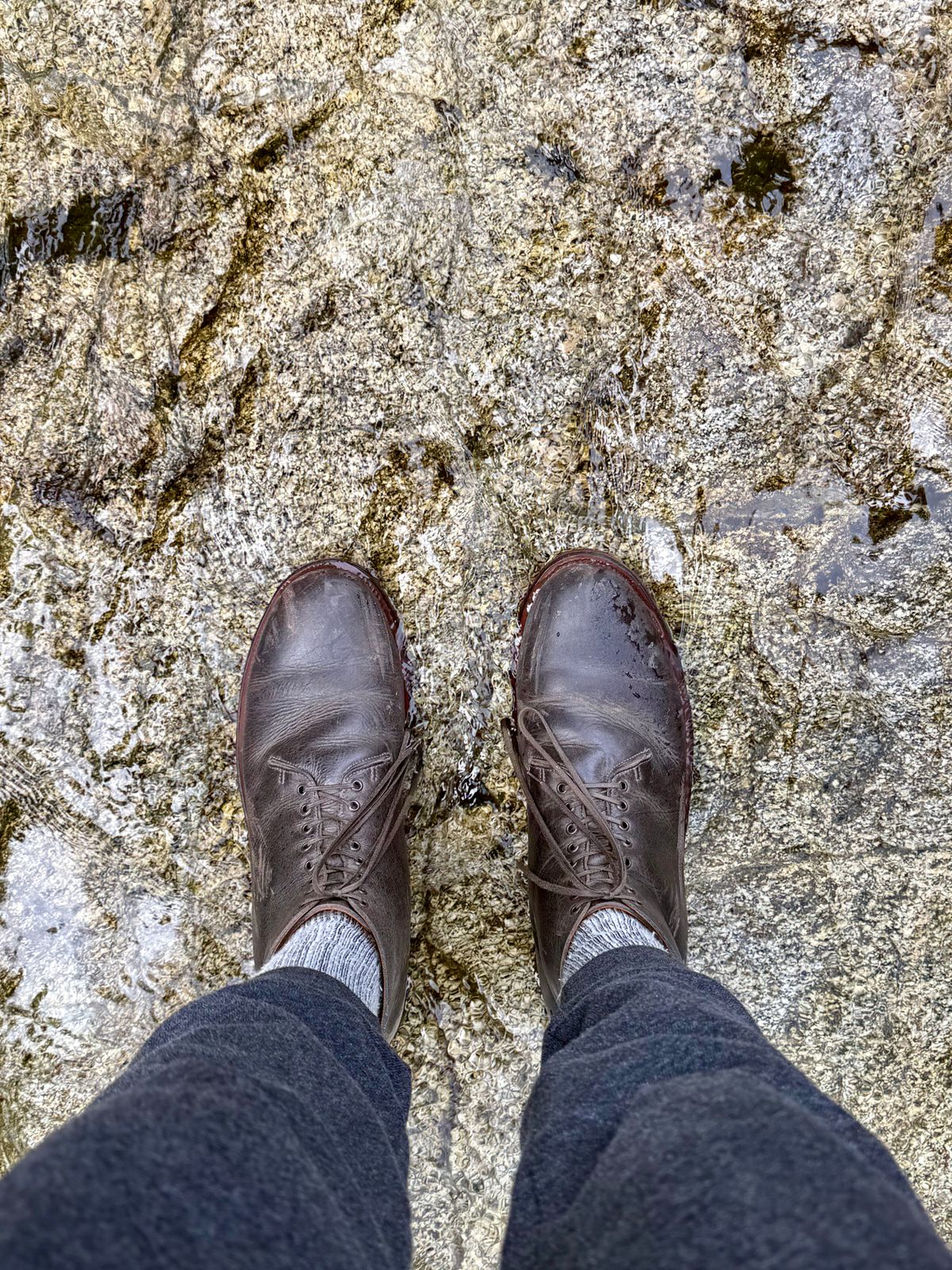 Photo by Drover_Shy on February 14, 2026 of the Viberg Wholecut Derby Boot in C.F. Stead Stone Waxed Kudu.