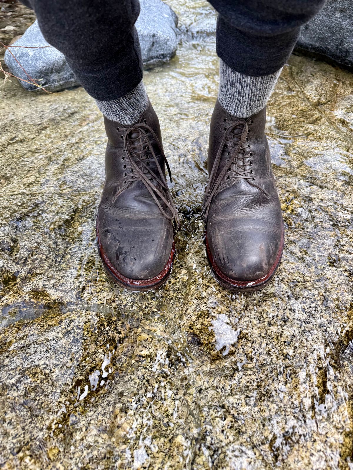 Photo by Drover_Shy on February 14, 2026 of the Viberg Wholecut Derby Boot in C.F. Stead Stone Waxed Kudu.
