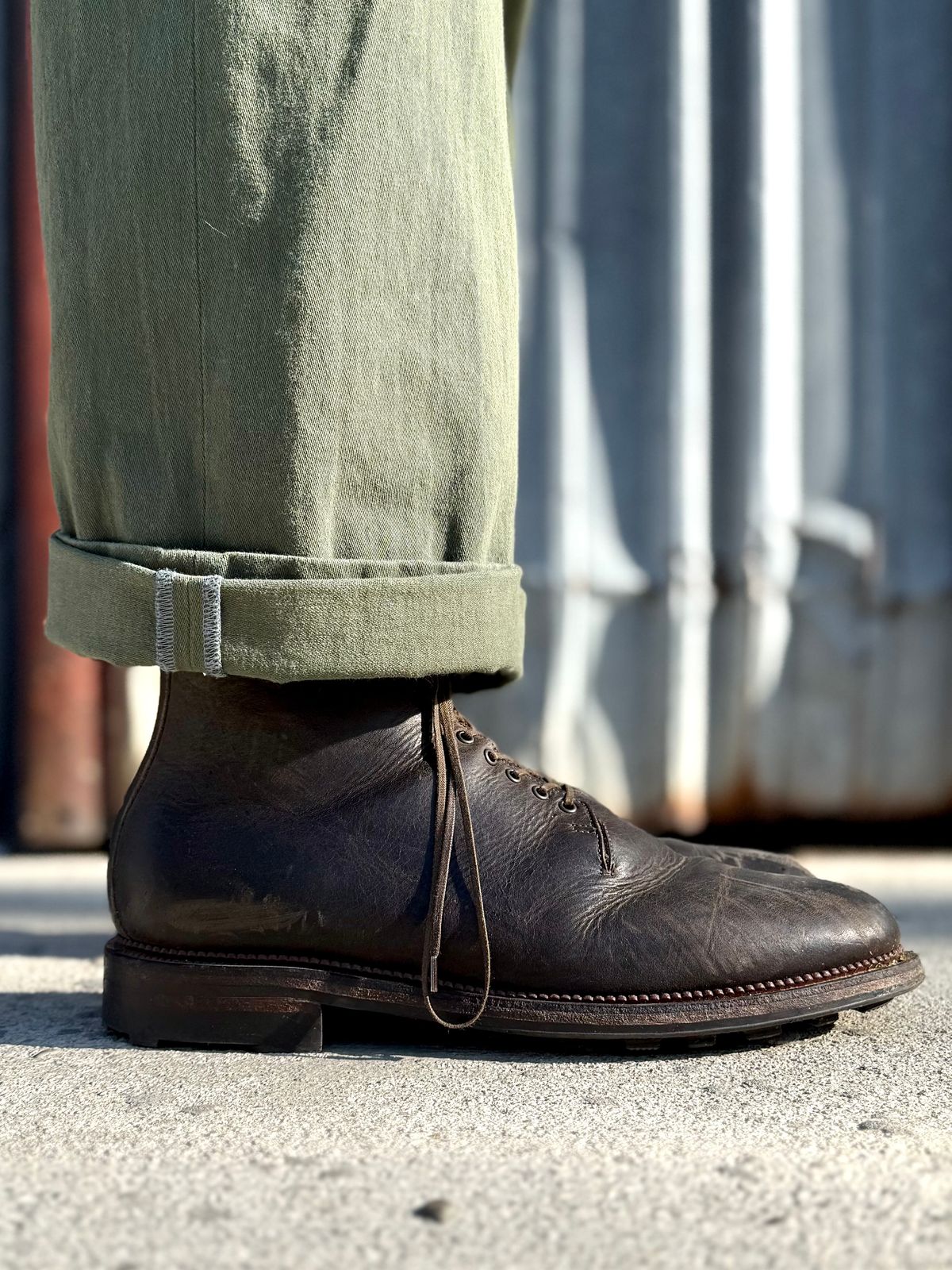 Photo by Drover_Shy on February 25, 2026 of the Viberg Wholecut Derby Boot in C.F. Stead Stone Waxed Kudu.