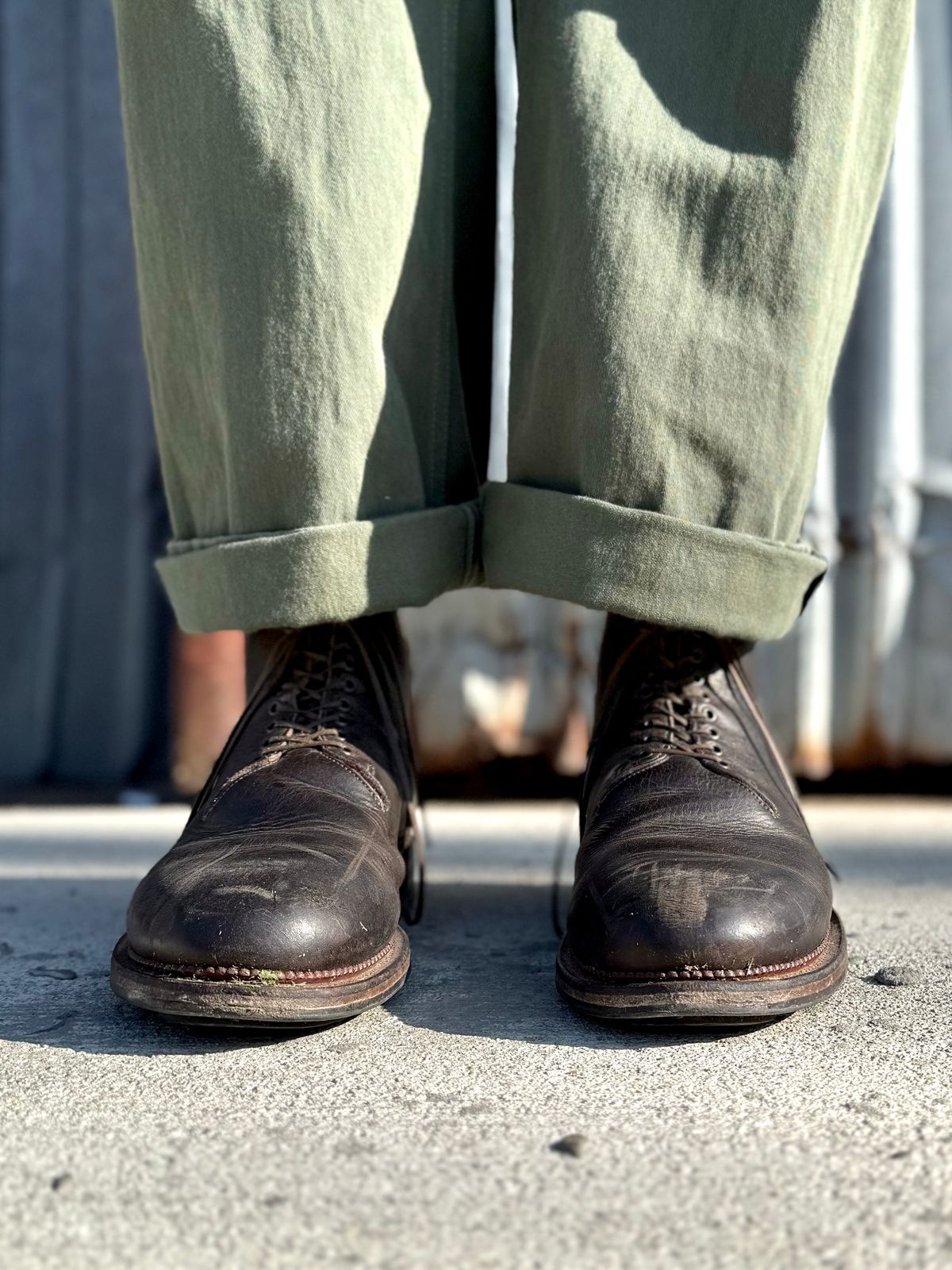 Photo by Drover_Shy on February 25, 2026 of the Viberg Wholecut Derby Boot in C.F. Stead Stone Waxed Kudu.