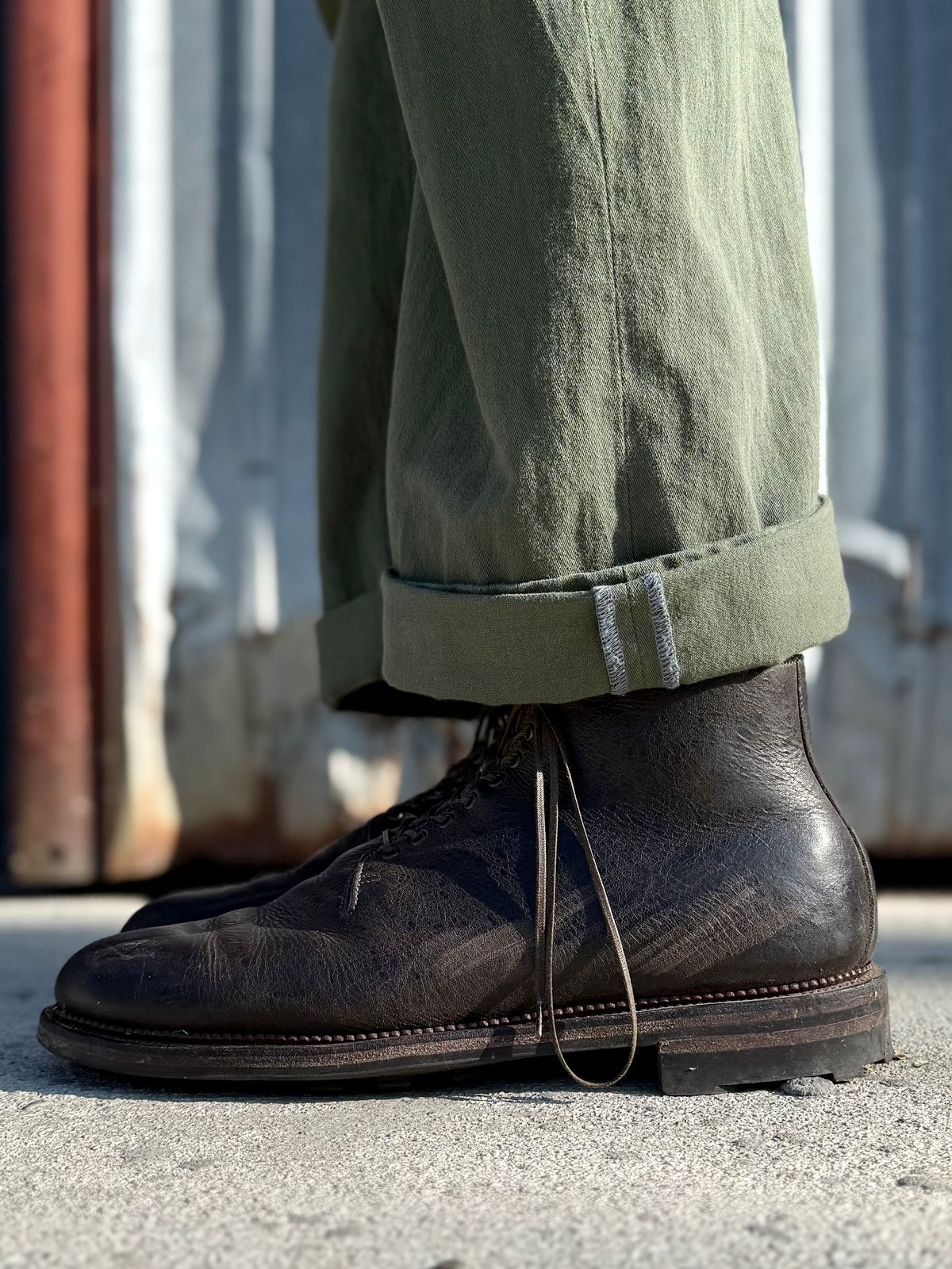 Photo by Drover_Shy on February 25, 2026 of the Viberg Wholecut Derby Boot in C.F. Stead Stone Waxed Kudu.