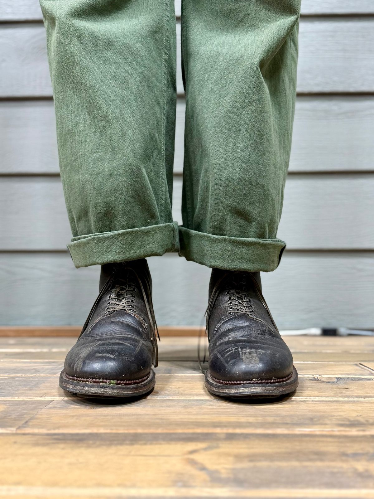 Photo by Drover_Shy on February 25, 2026 of the Viberg Wholecut Derby Boot in C.F. Stead Stone Waxed Kudu.