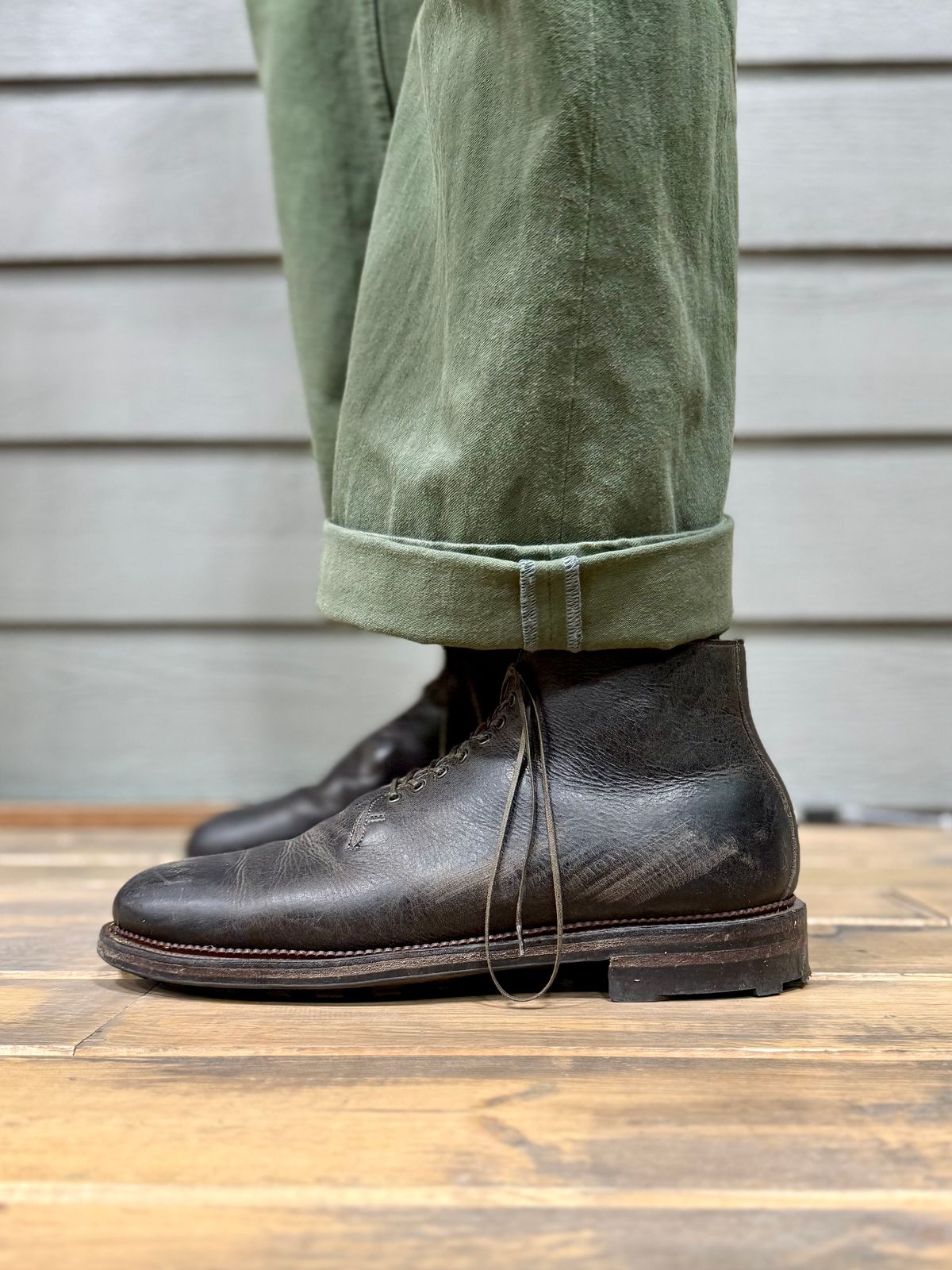 Photo by Drover_Shy on February 25, 2026 of the Viberg Wholecut Derby Boot in C.F. Stead Stone Waxed Kudu.