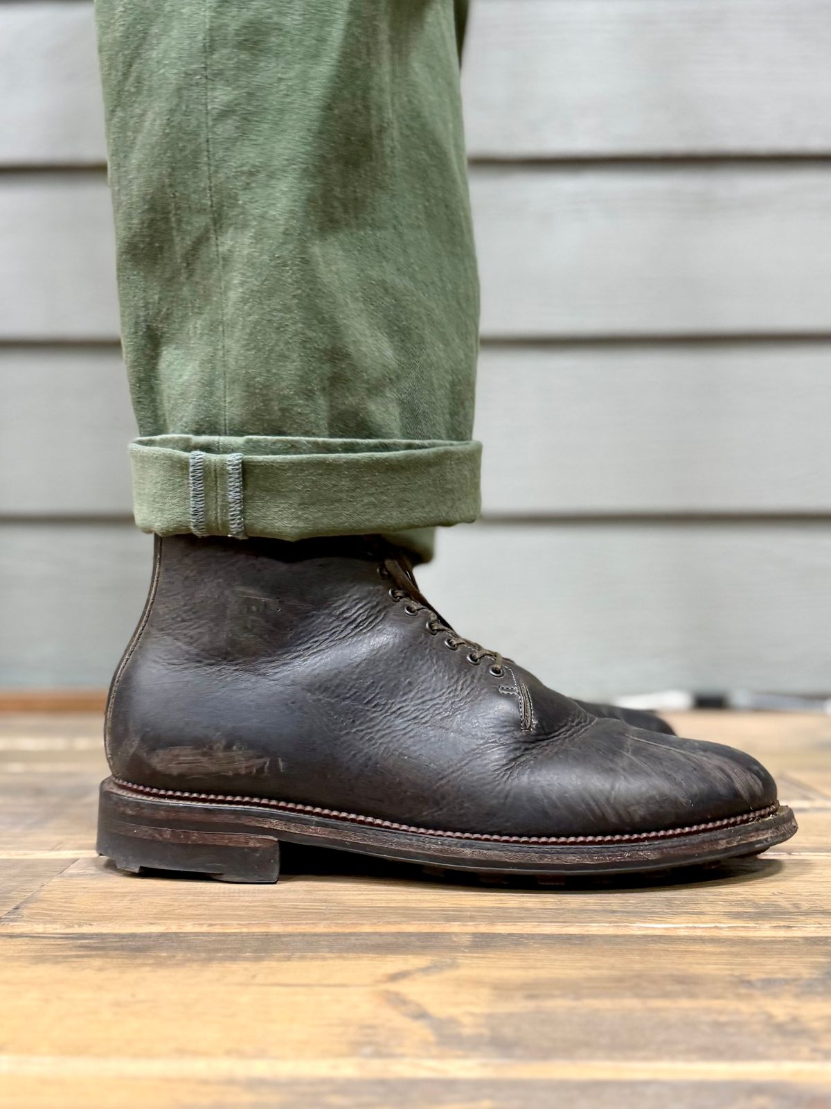 Photo by Drover_Shy on February 25, 2026 of the Viberg Wholecut Derby Boot in C.F. Stead Stone Waxed Kudu.