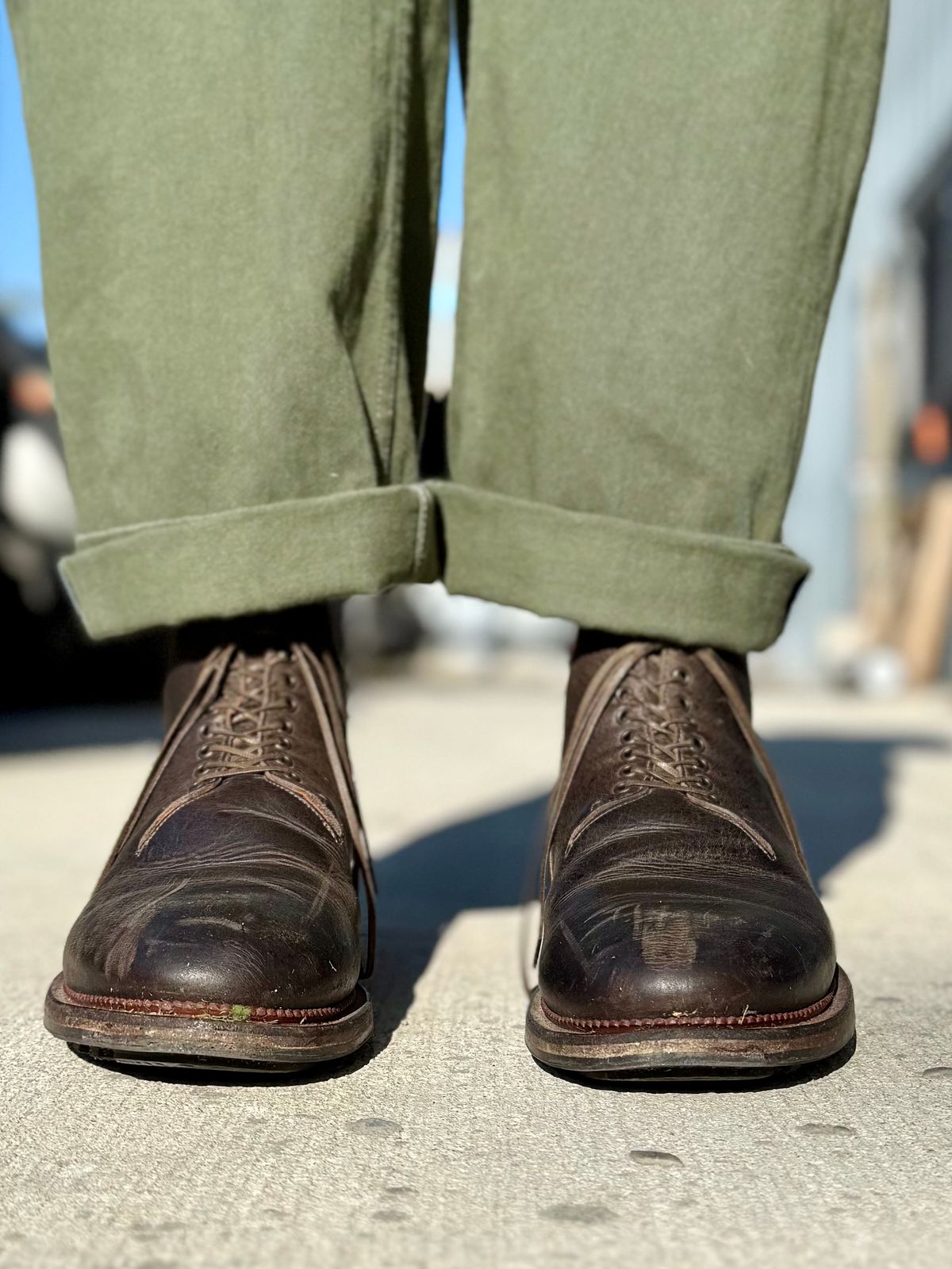 Photo by Drover_Shy on February 25, 2026 of the Viberg Wholecut Derby Boot in C.F. Stead Stone Waxed Kudu.