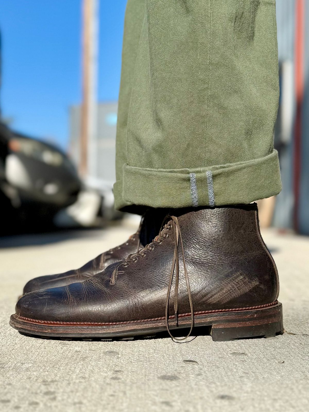 Photo by Drover_Shy on February 25, 2026 of the Viberg Wholecut Derby Boot in C.F. Stead Stone Waxed Kudu.