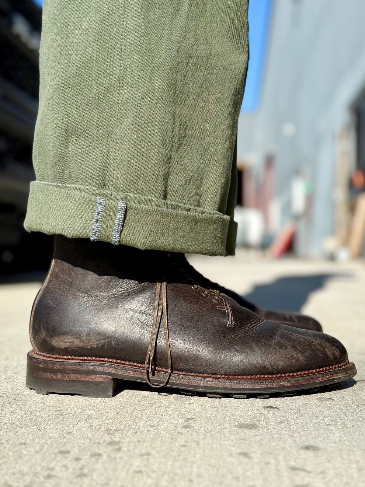 Photo by Drover_Shy on February 25, 2026 of the Viberg Wholecut Derby Boot in C.F. Stead Stone Waxed Kudu.