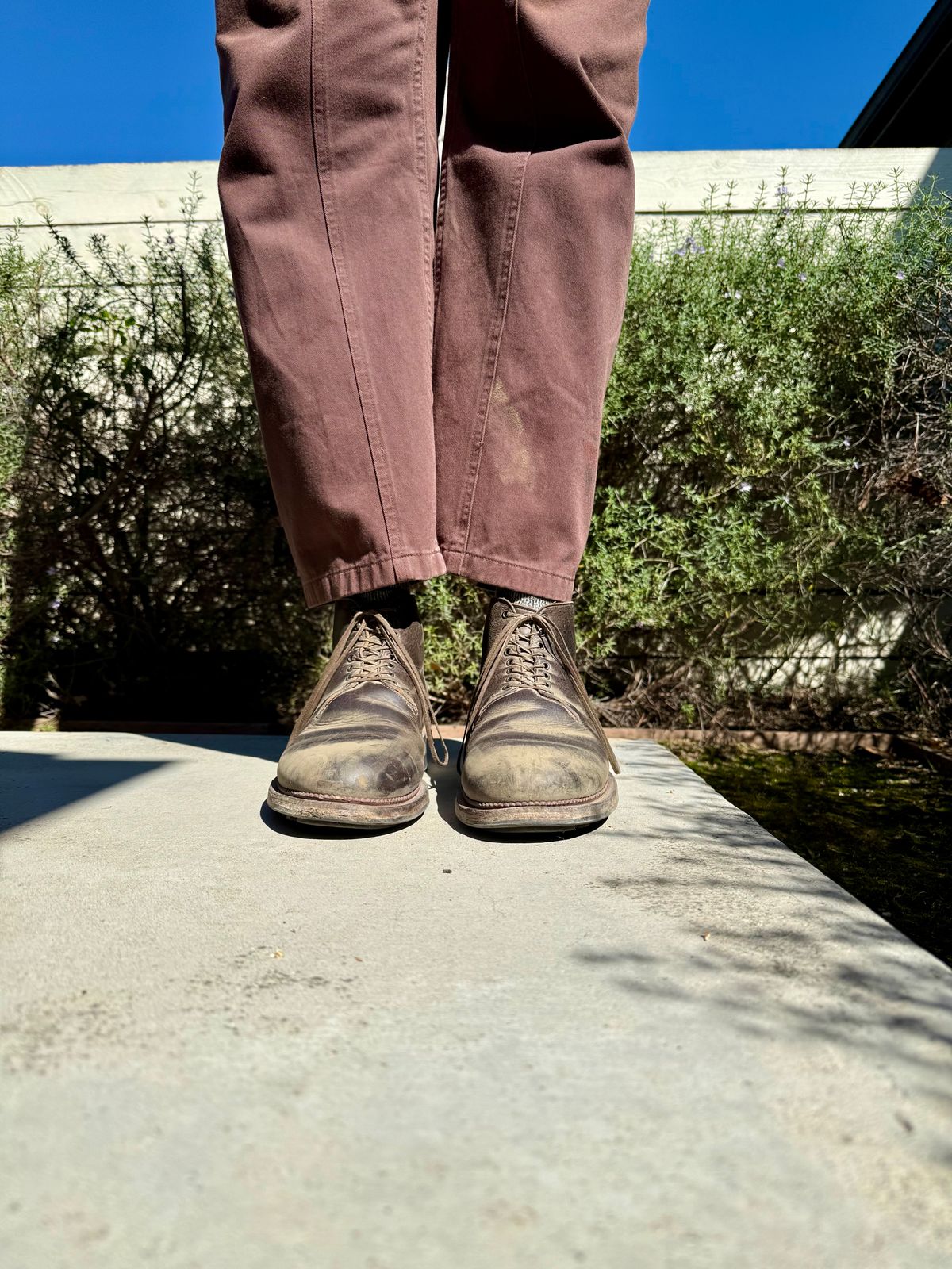 Photo by Drover_Shy on February 28, 2026 of the Viberg Wholecut Derby Boot in C.F. Stead Stone Waxed Kudu.