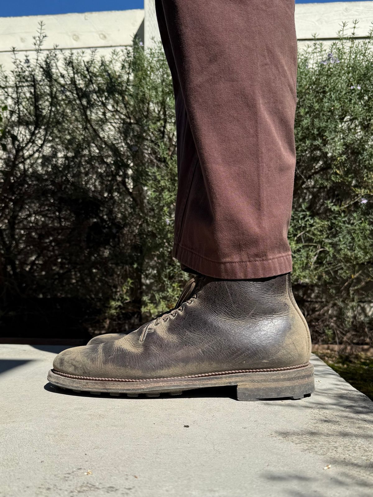 Photo by Drover_Shy on February 28, 2026 of the Viberg Wholecut Derby Boot in C.F. Stead Stone Waxed Kudu.